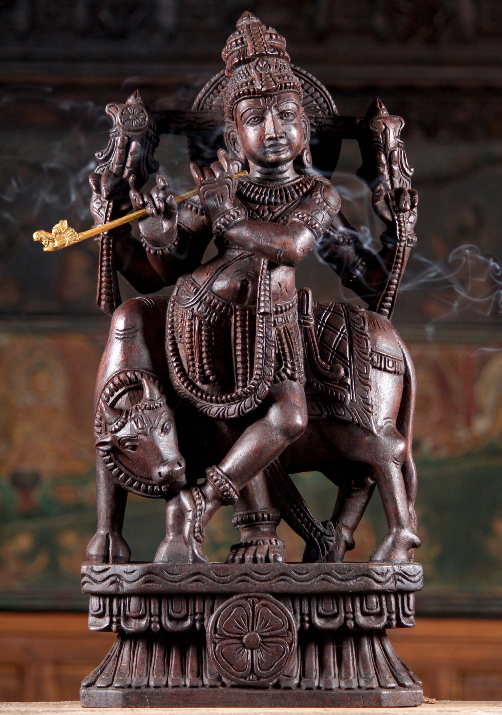 Wood Standing Hindu God Gopal Krishna with a Cow Playing the Flute 24"