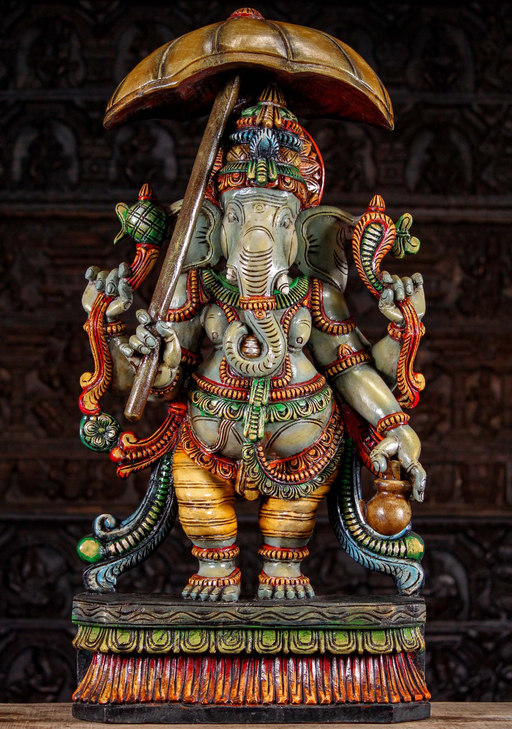 Wood Carved Mappilai Ganapathi Sculpture with Umbrella and Water Vessel 36"