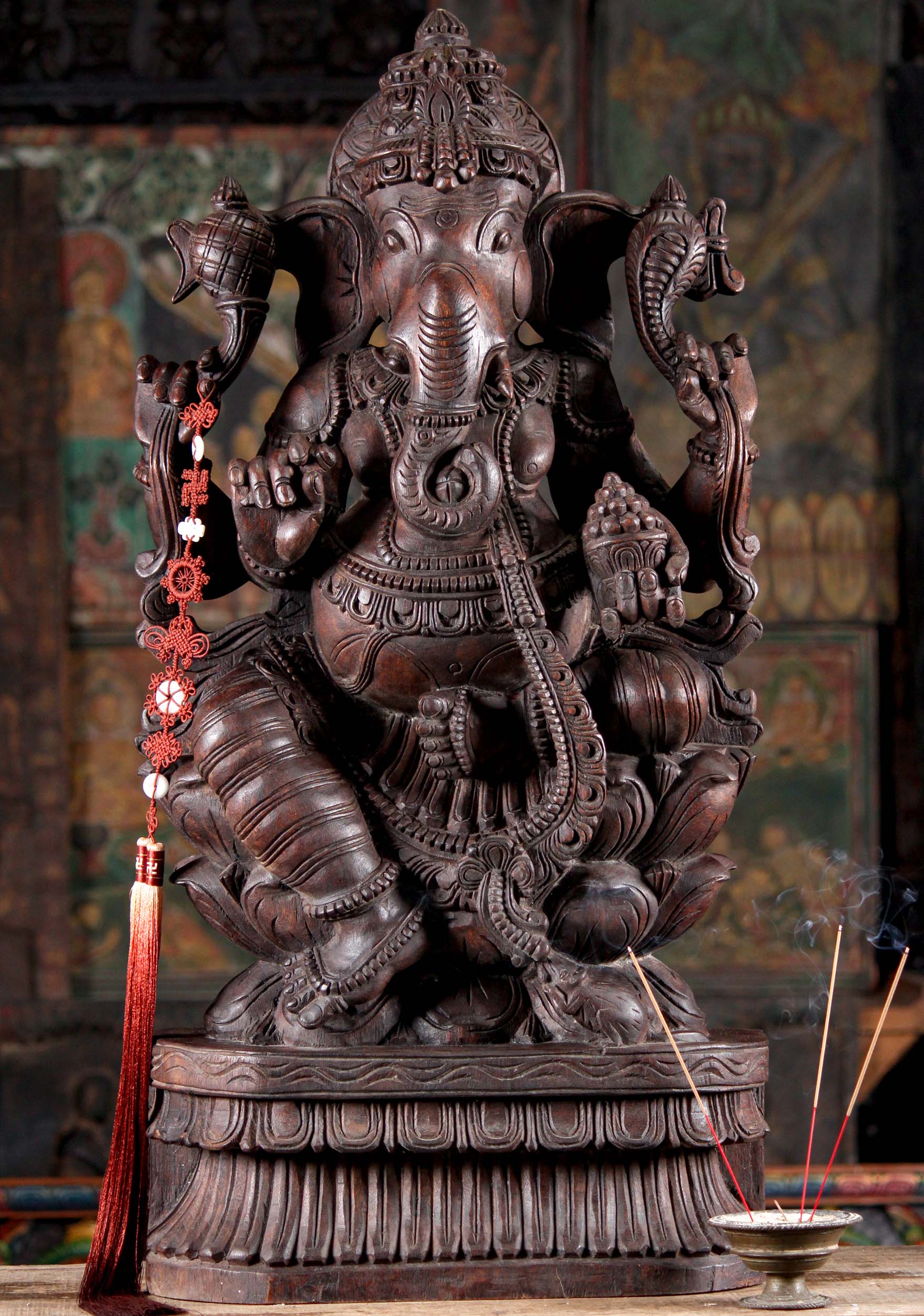 Dark Wooden Seated Hindu God Ganesha on Lotus Base with Mooshika Sculpture 36"