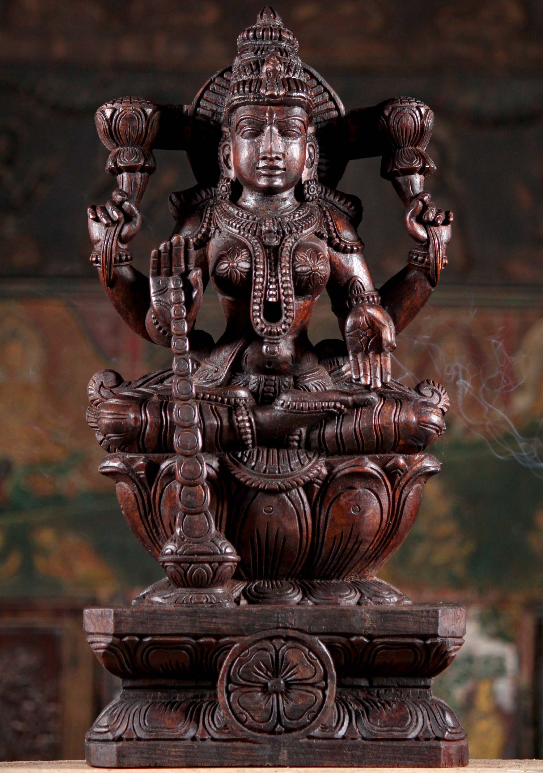 Wooden Seated Lakshmi Sculpture Holding Lotus Flowers Granting Boons with Coins 24"