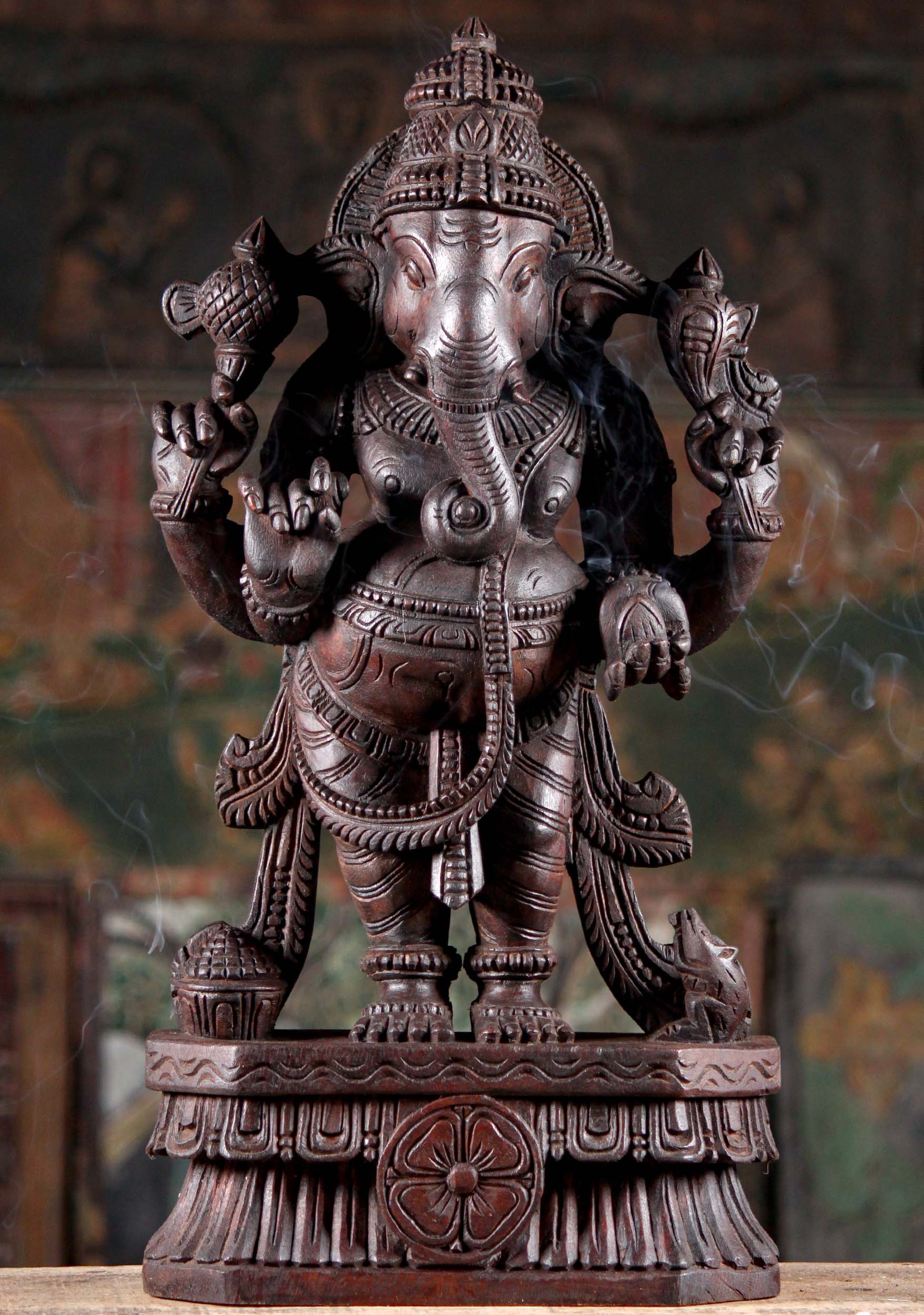 Wood Standing Hindu God Ganesha Statue Holding Mango, Noose, & Ax 24"