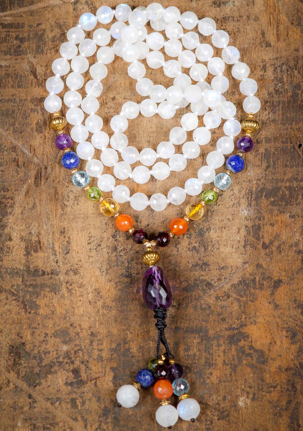 Garnet Mala Necklace with 108 Beads, Seven Chakra Stones Associated with Lord Buddha 22 by Lotus Sculpture