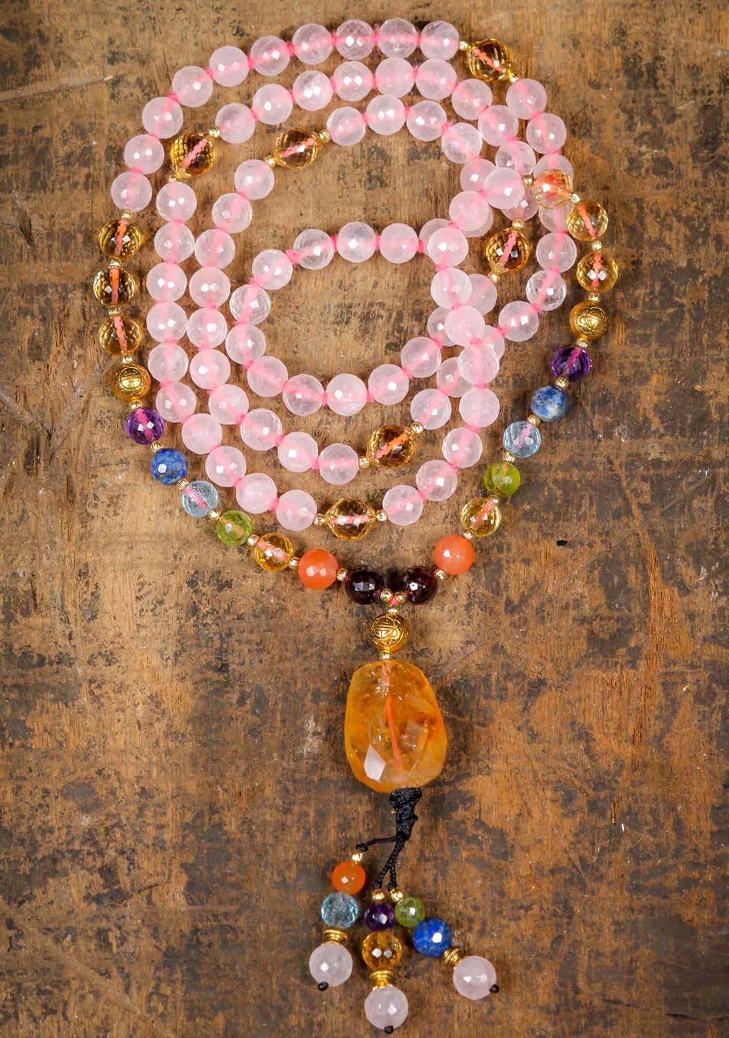 Rose Quartz Mala with 108 Beads, Seven Chakra Stones and Citrine Associated with Parvati 23"