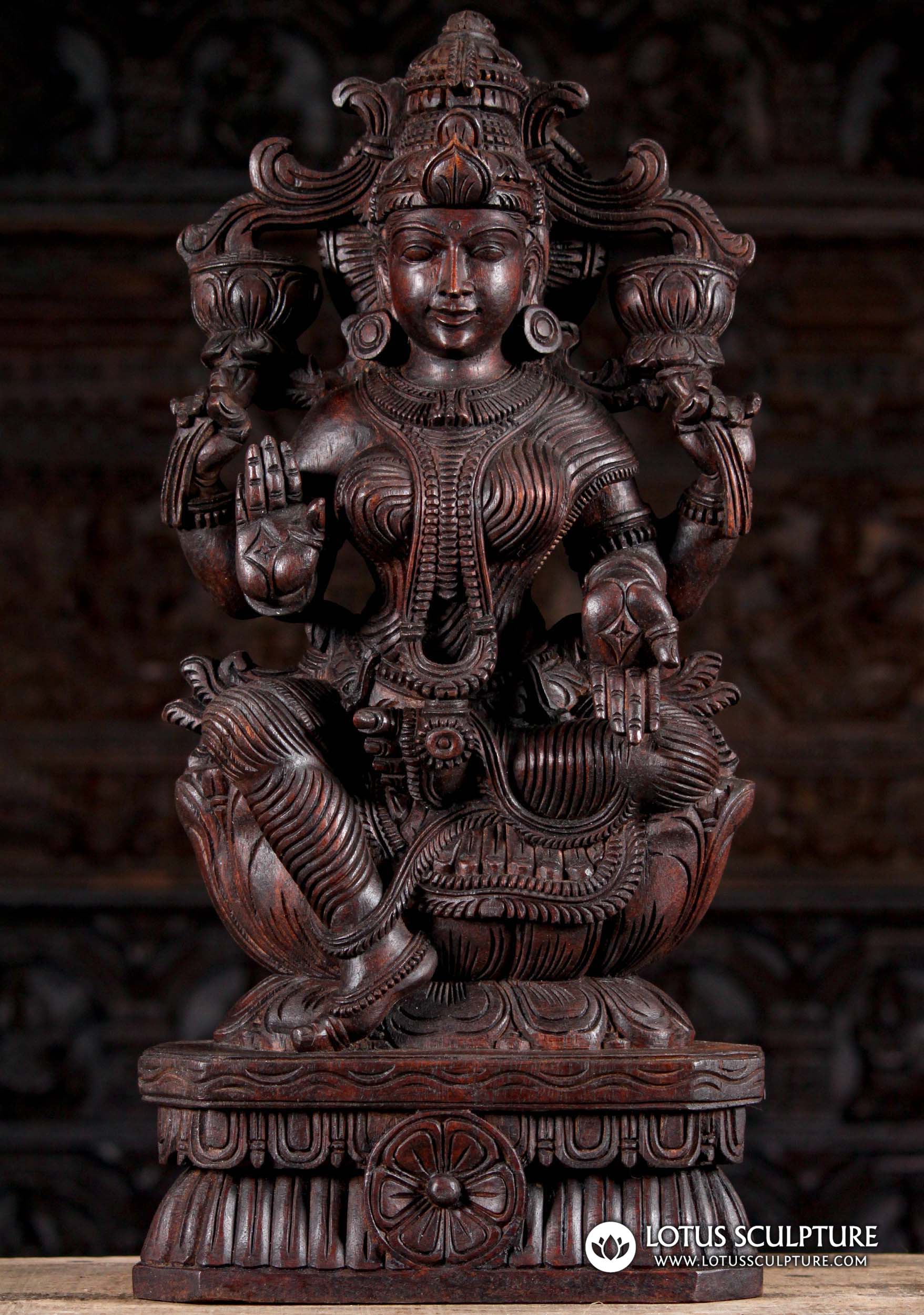 Neem Wood Lakshmi Sculpture Holding Two Lotus Flowers in Abhaya Mudra 24"