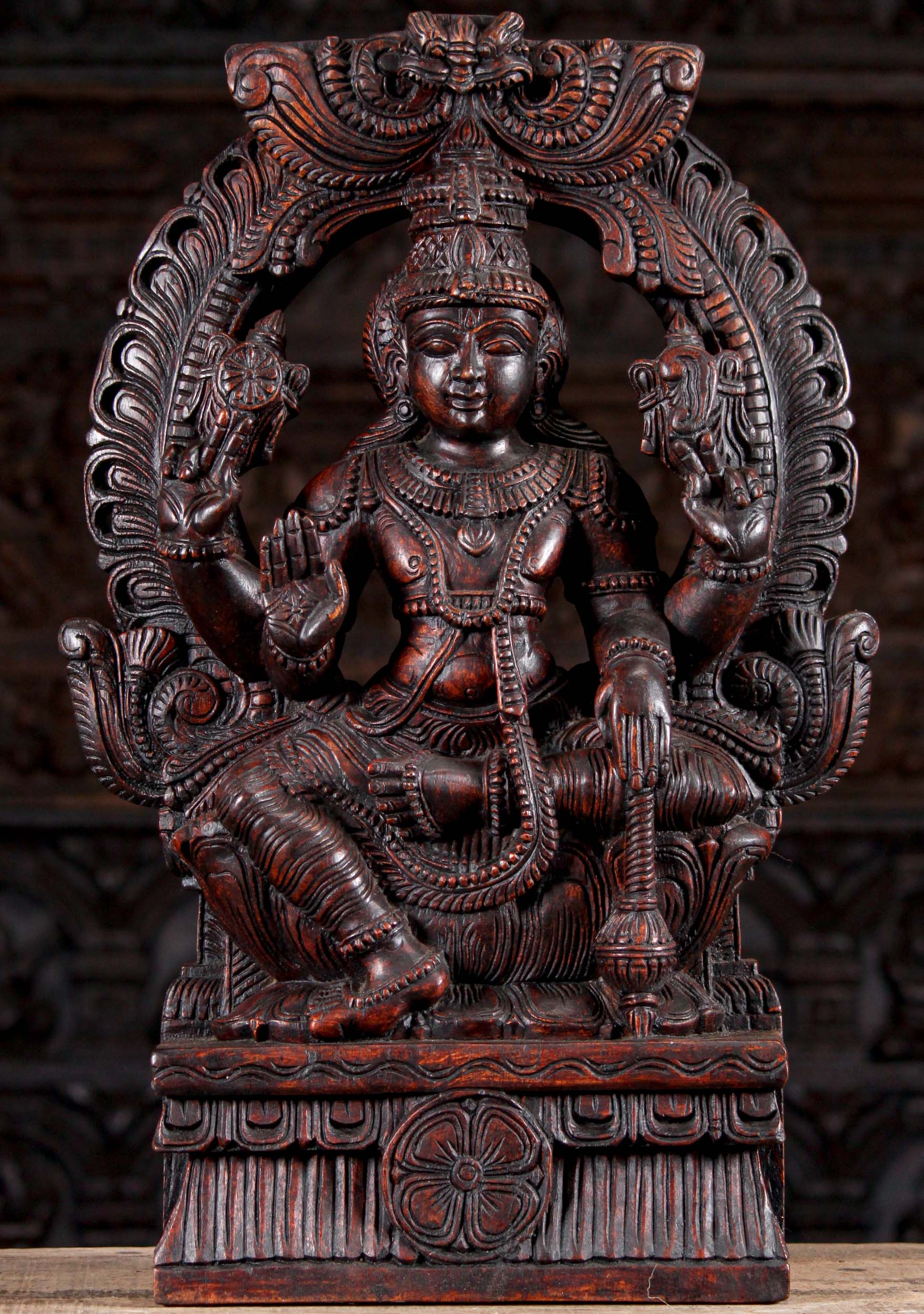 Wood Vishnu Seated Under Mahakala Arch in Abhaya Mudra with Club Sculpture 24"