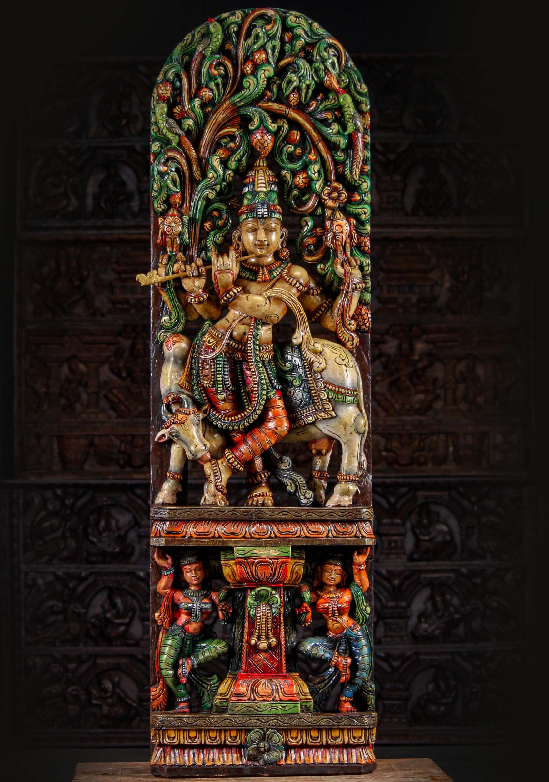 Tall Wooden Panel Painted Krishna Statue Playing the Flute Under Lush Canopy with Cow 60"