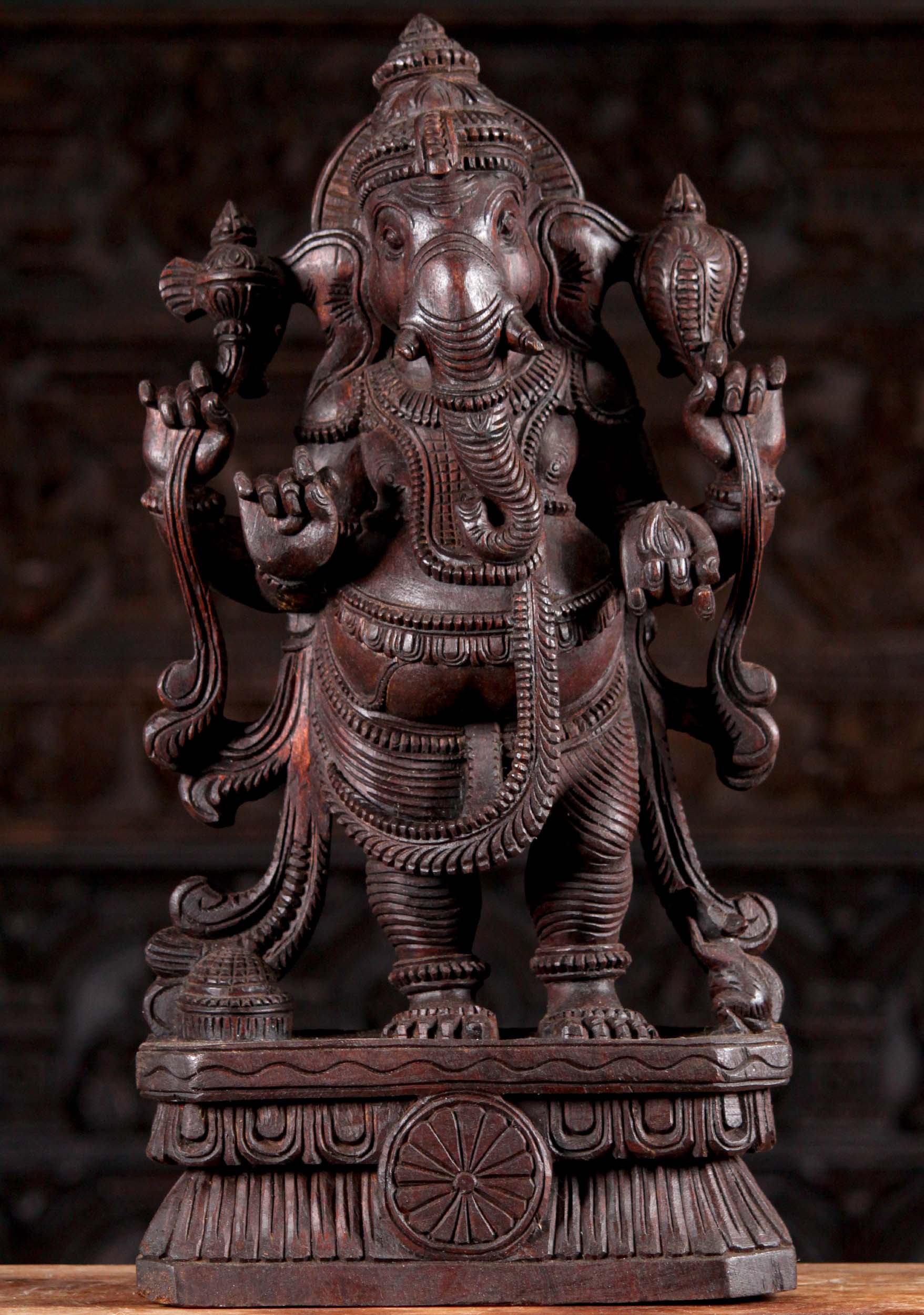 Wooden Standing Hindu God Ganesha Statue Holding Mango, Noose, & Ax 24"