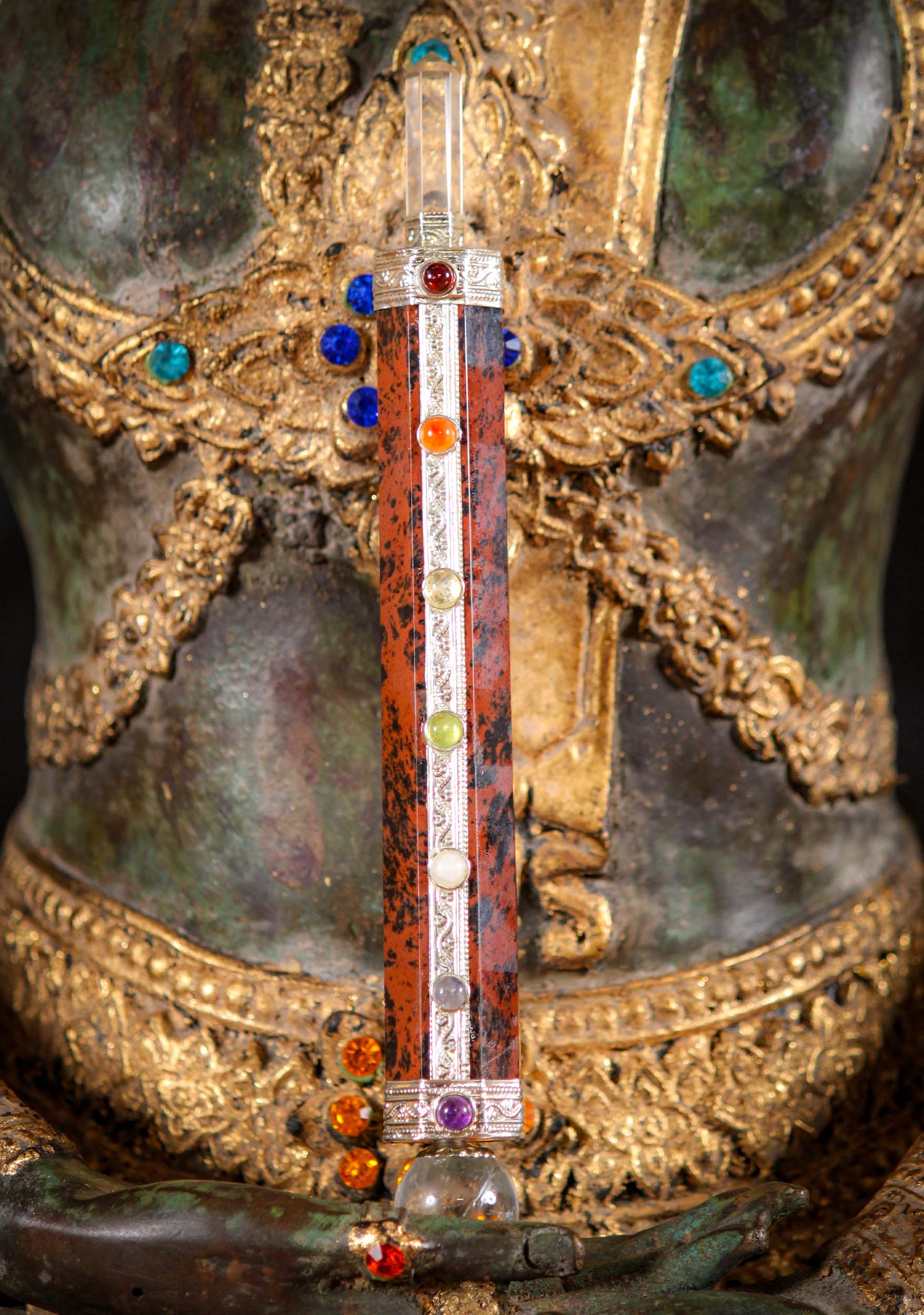 Mahogany Obsidian Seven Charkra Crystal Wand for Meditation Associated with Ganesh 7.5"