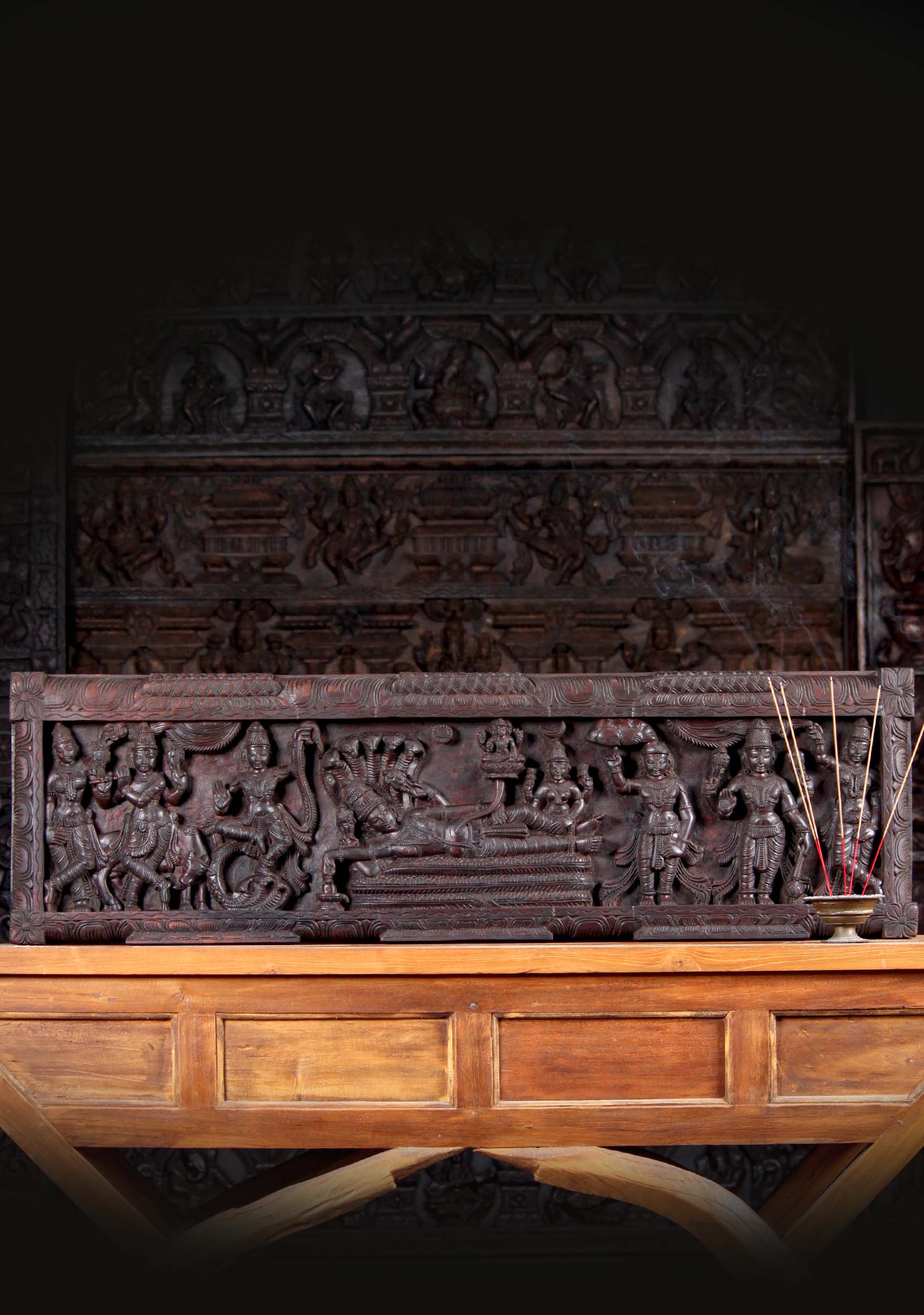 Hand Carved Wooden Wall Panel of Several Forms of  Lord Vishnu with Ananta Shesha Sculpture 48"