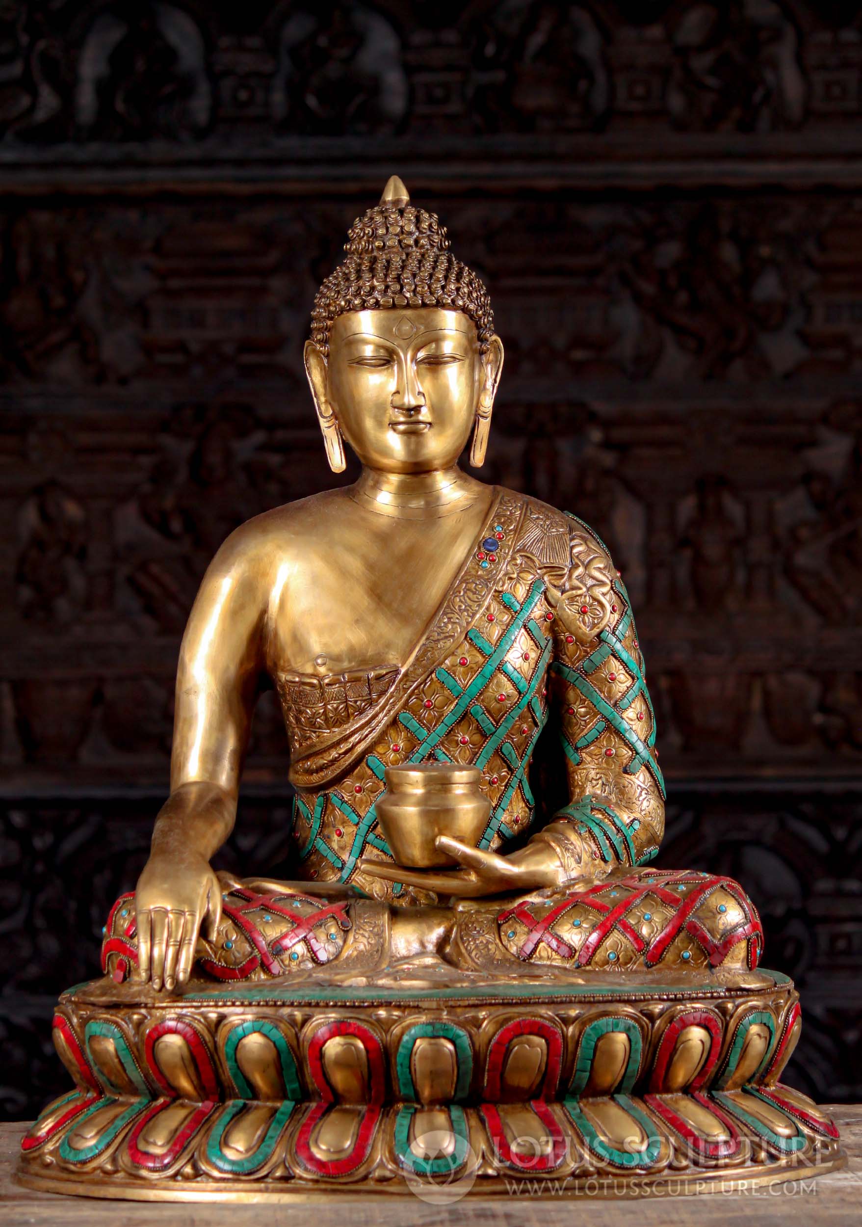 Stunning Brass Earth Touching Buddha Statue Seated with Alms Bowl ...