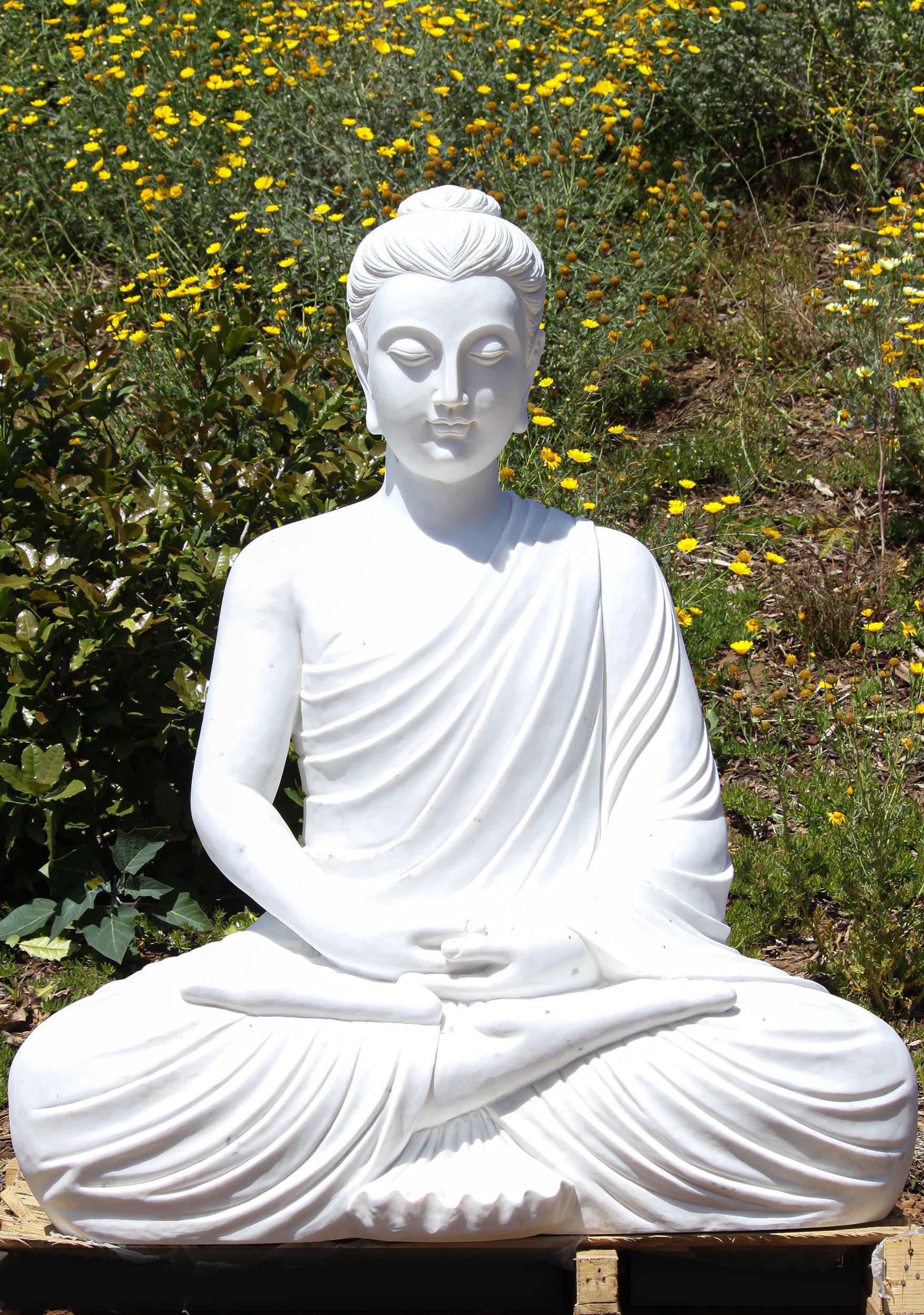 Serene Gandhara Meditating Garden Buddha Statue Hand Carved in Pristine  White Marble 59