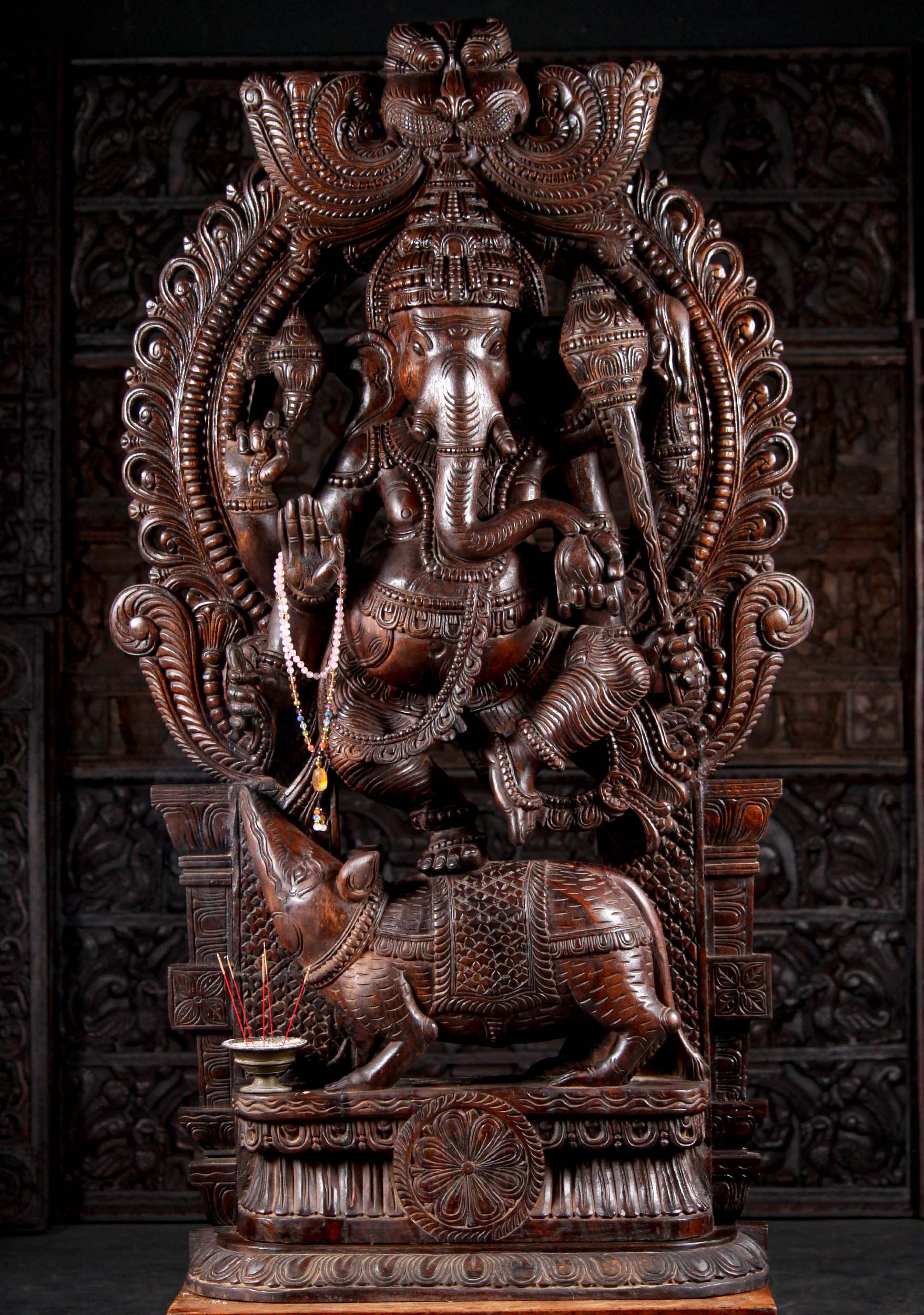 Large Wood Ganesha Dancing on Mooshika under Mahakala Arch in Abhaya Mudra Carving 62"