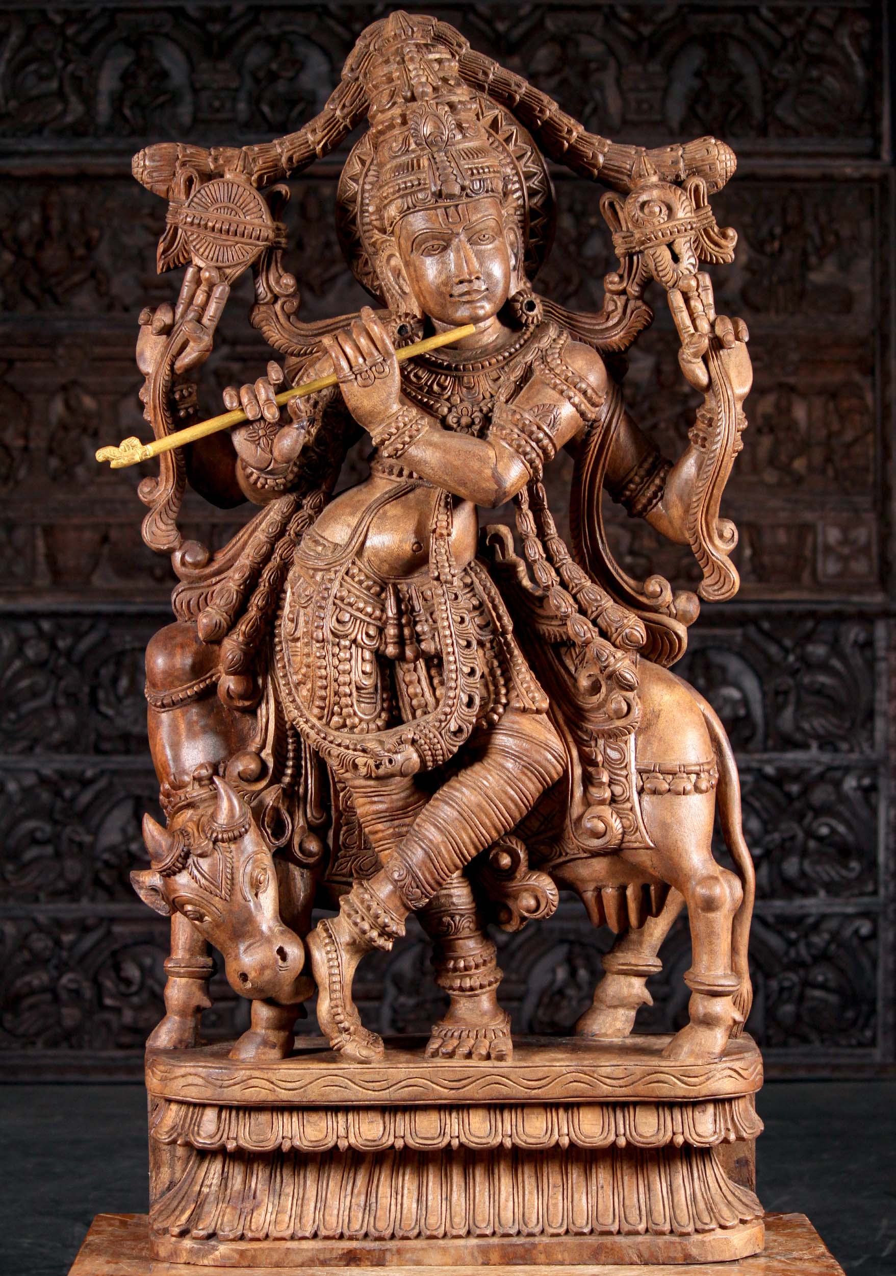 Light Hand Carved Wood Standing Hindu God Gopal Krishna with a Cow Playing the Flute 48"