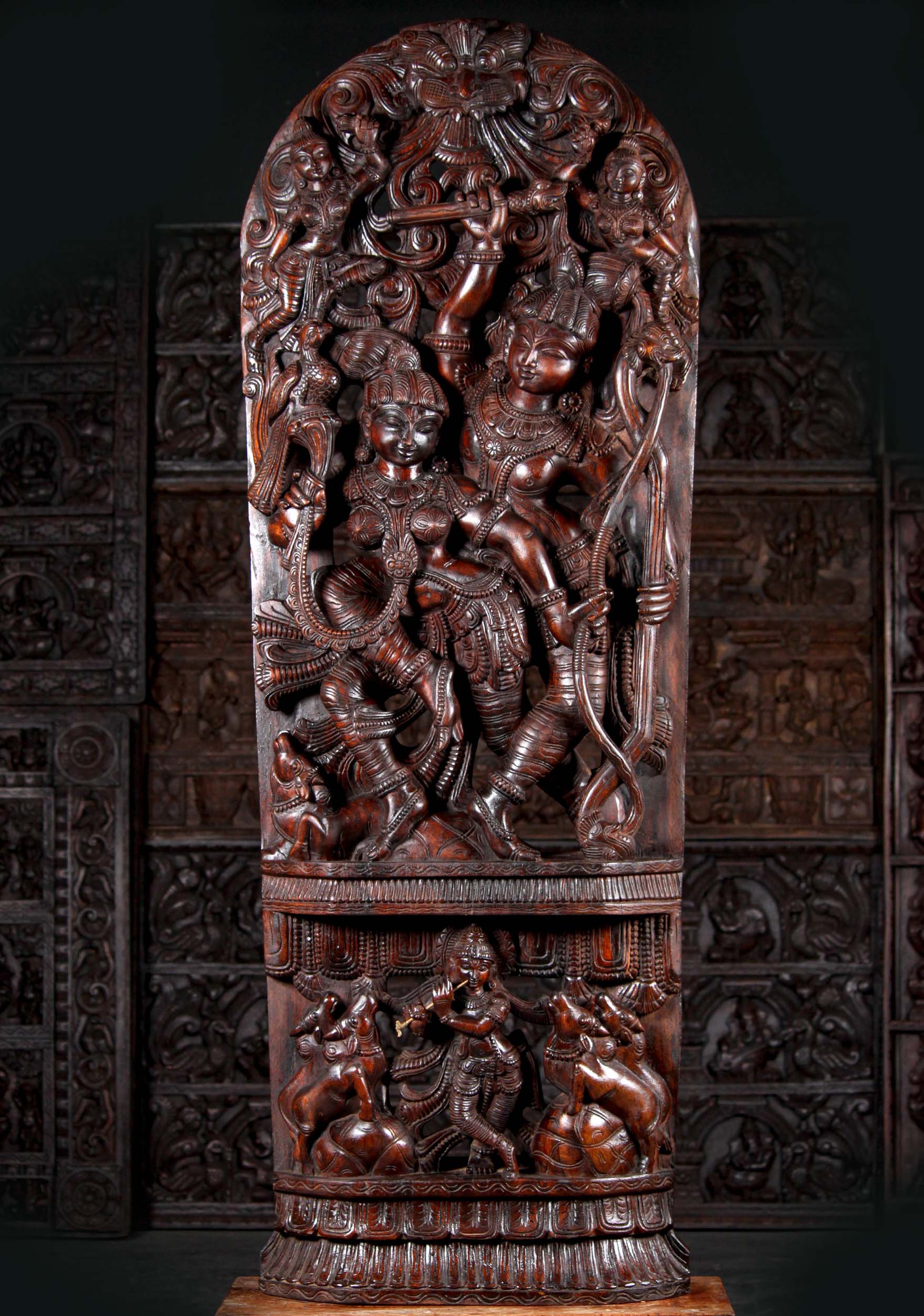 Large Wood Hindu Panel of Rama & Sita Under Lush Canopy with 2 Flying Apsaras & Krishna 75"