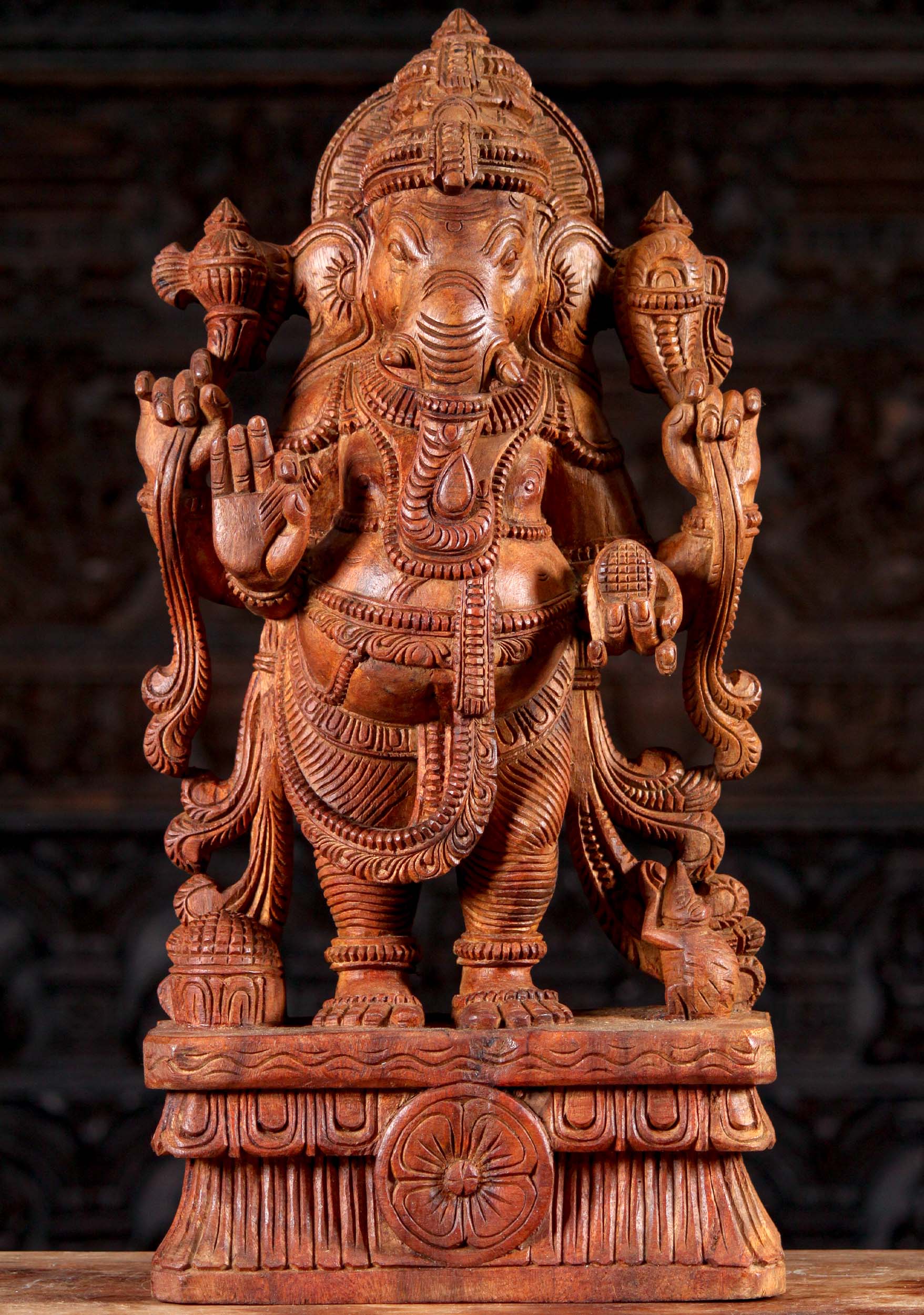 Wooden Standing Hindu God Ganesha Statue Holding Mango, Noose & Ax 24"