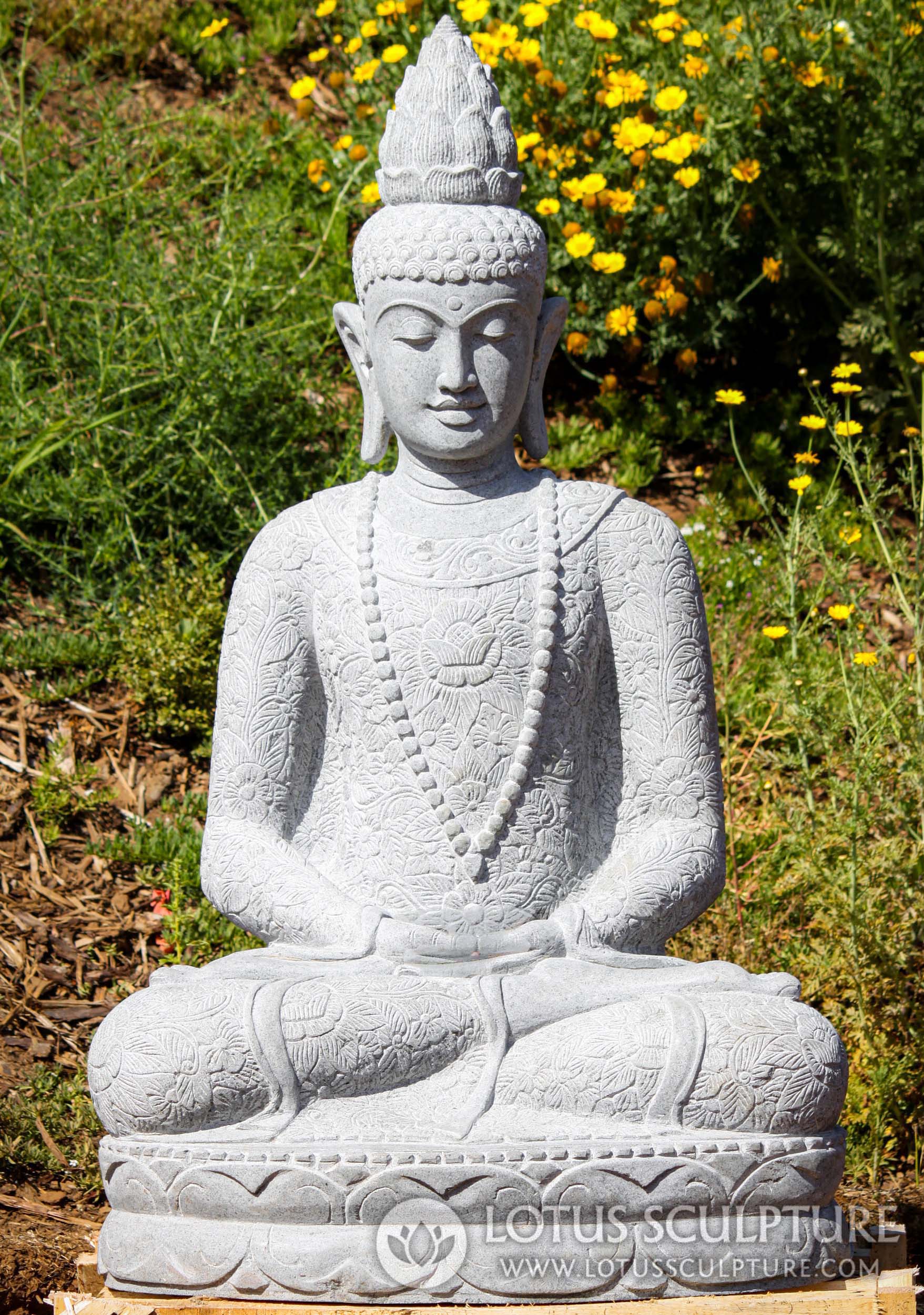 Stone Buddha Garden Sculpture Meditating in the Dhyana Mudra Wearing Floral Robes 49"