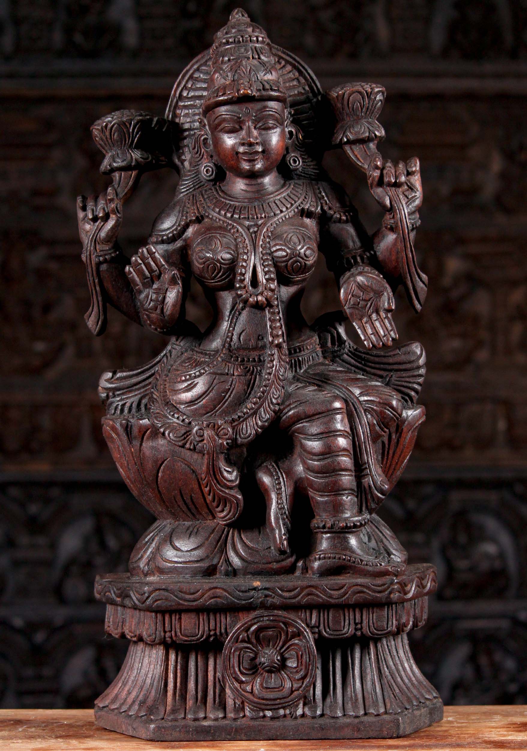 Wooded Abhaya Mudra Lakshmi Statue Seated with Legs Crossed on a Lotus Base 24"