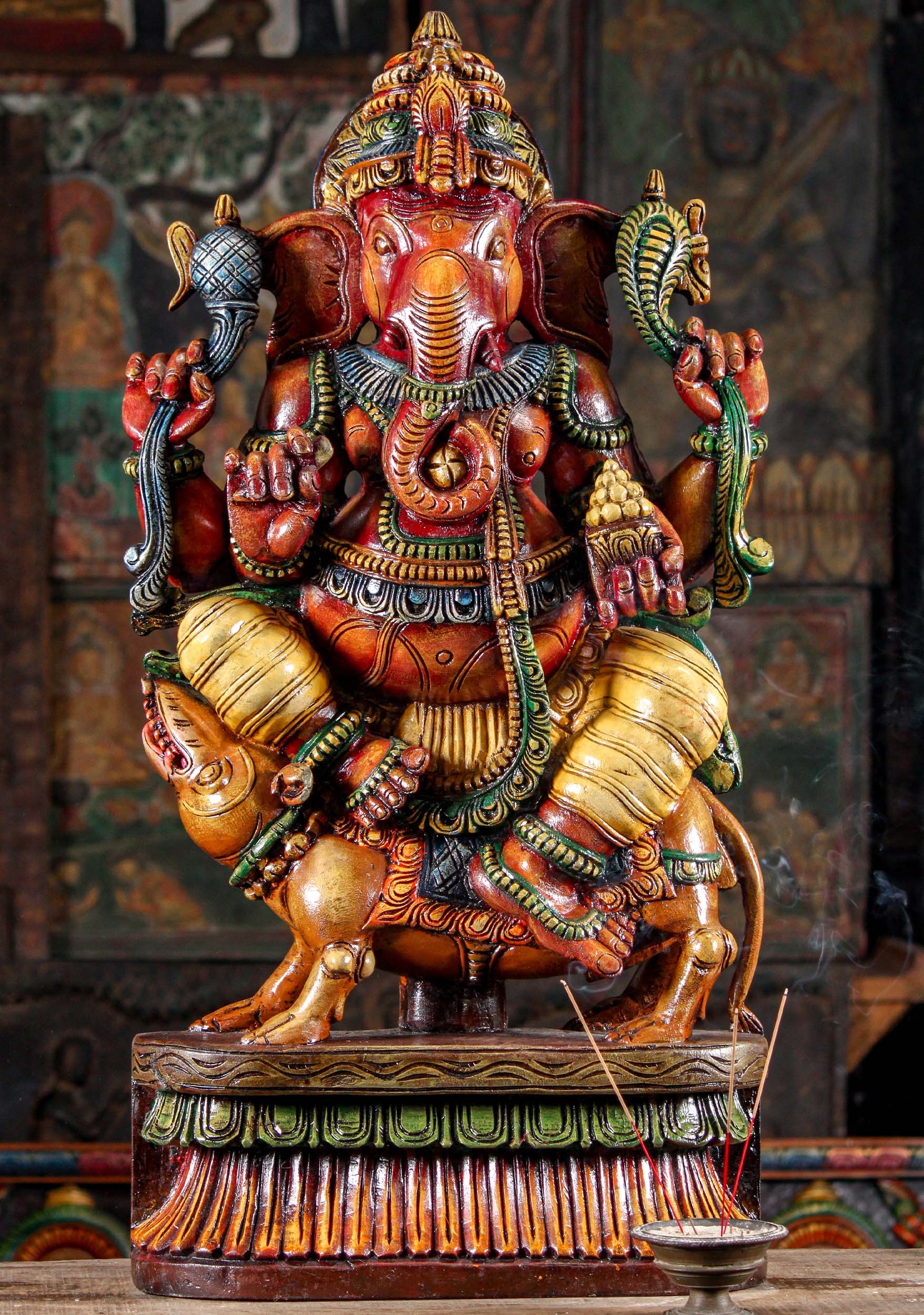 Colorful Wooden Hindu God Ganesh Seated on Mooshika Sculpture Perfect for Home Altar 36"