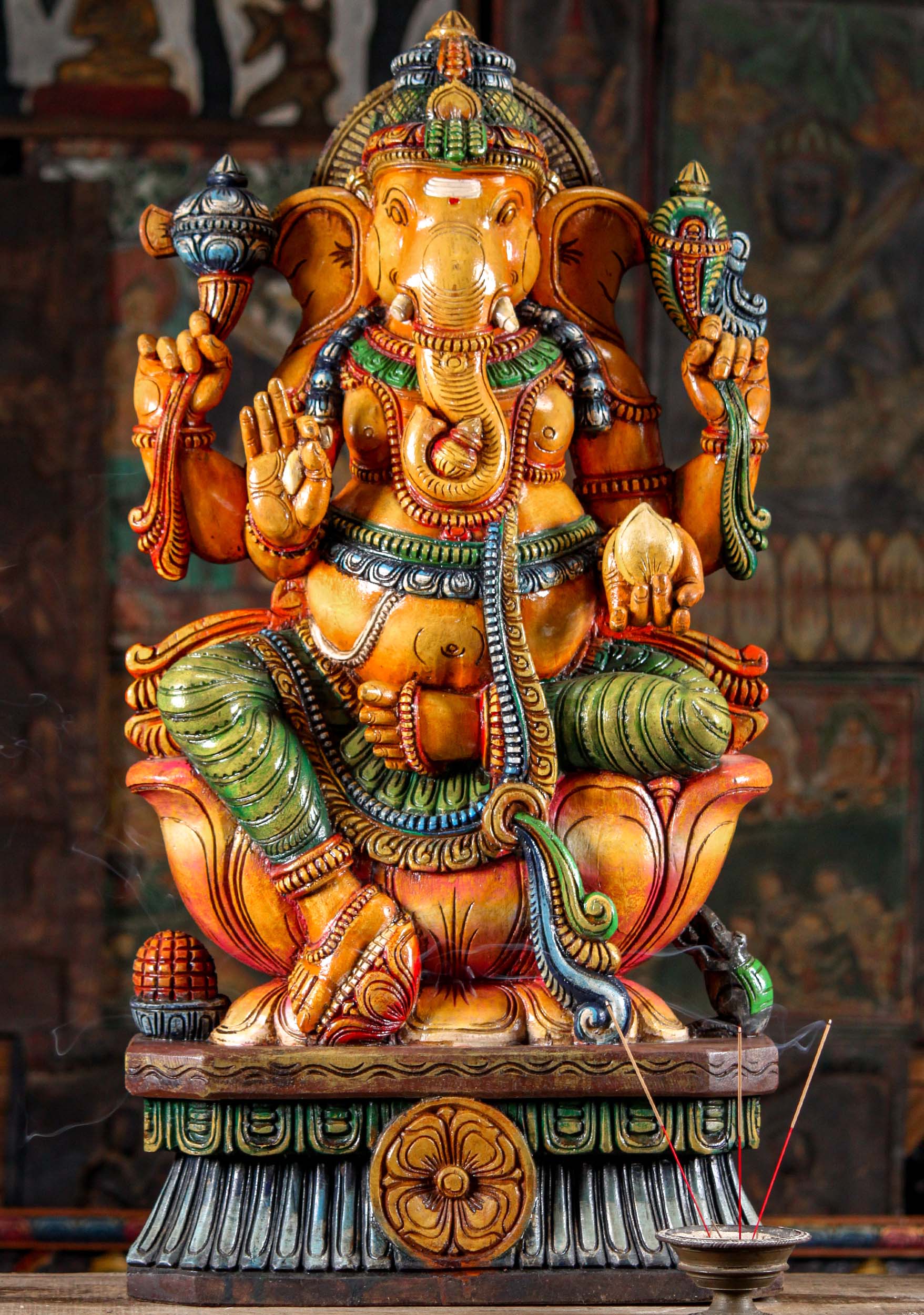 Colorfully Painted Hindu God Ganesha Seated on Triple Lotus Base with Mooshika Sculpture 36"