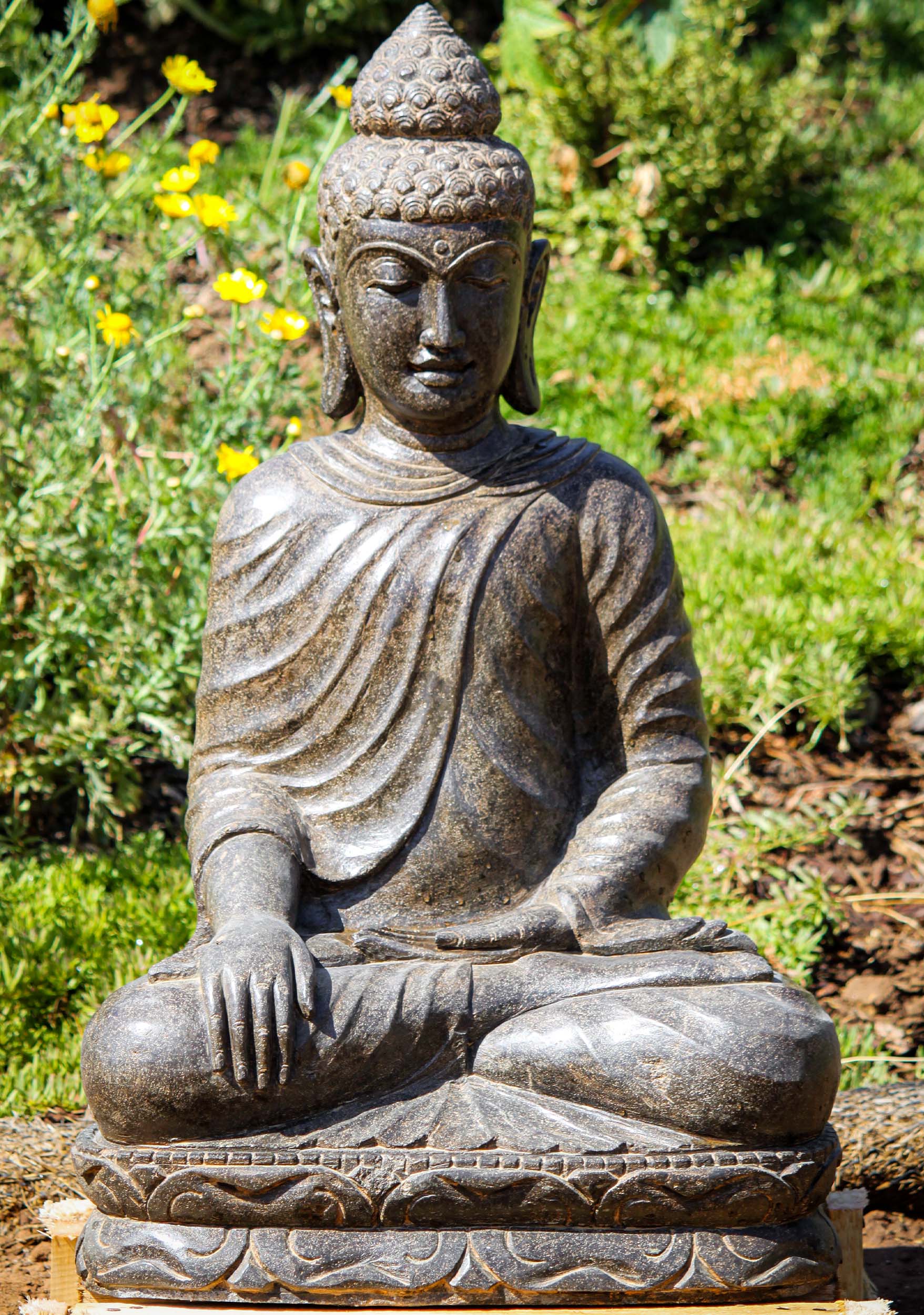 SOLD Hand Carved Polished Lava Stone Buddha Sculpture Seated in Earth ...