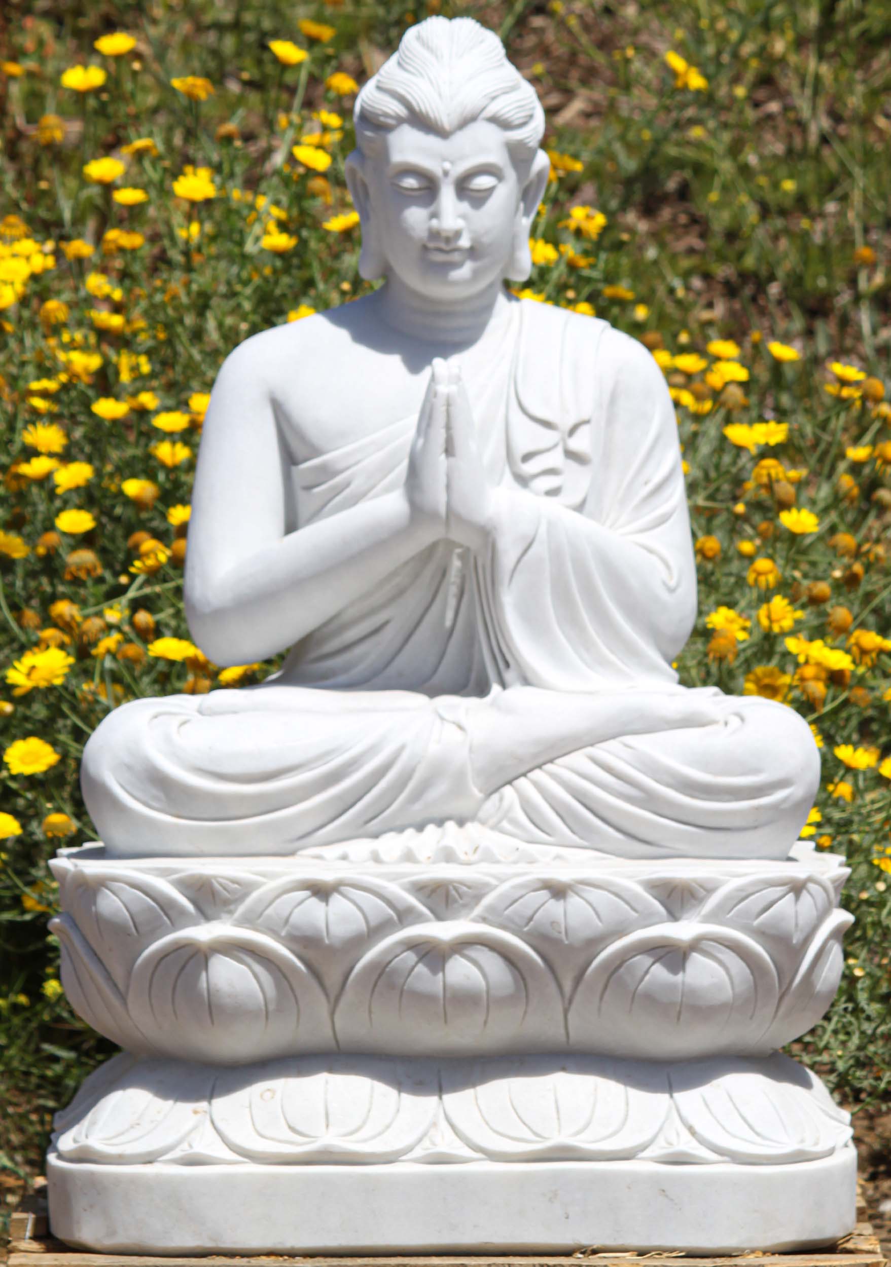 White Marble Garden Buddha Sculpture in Anjali Mudra or Namste Hand Position of Greeting 36"