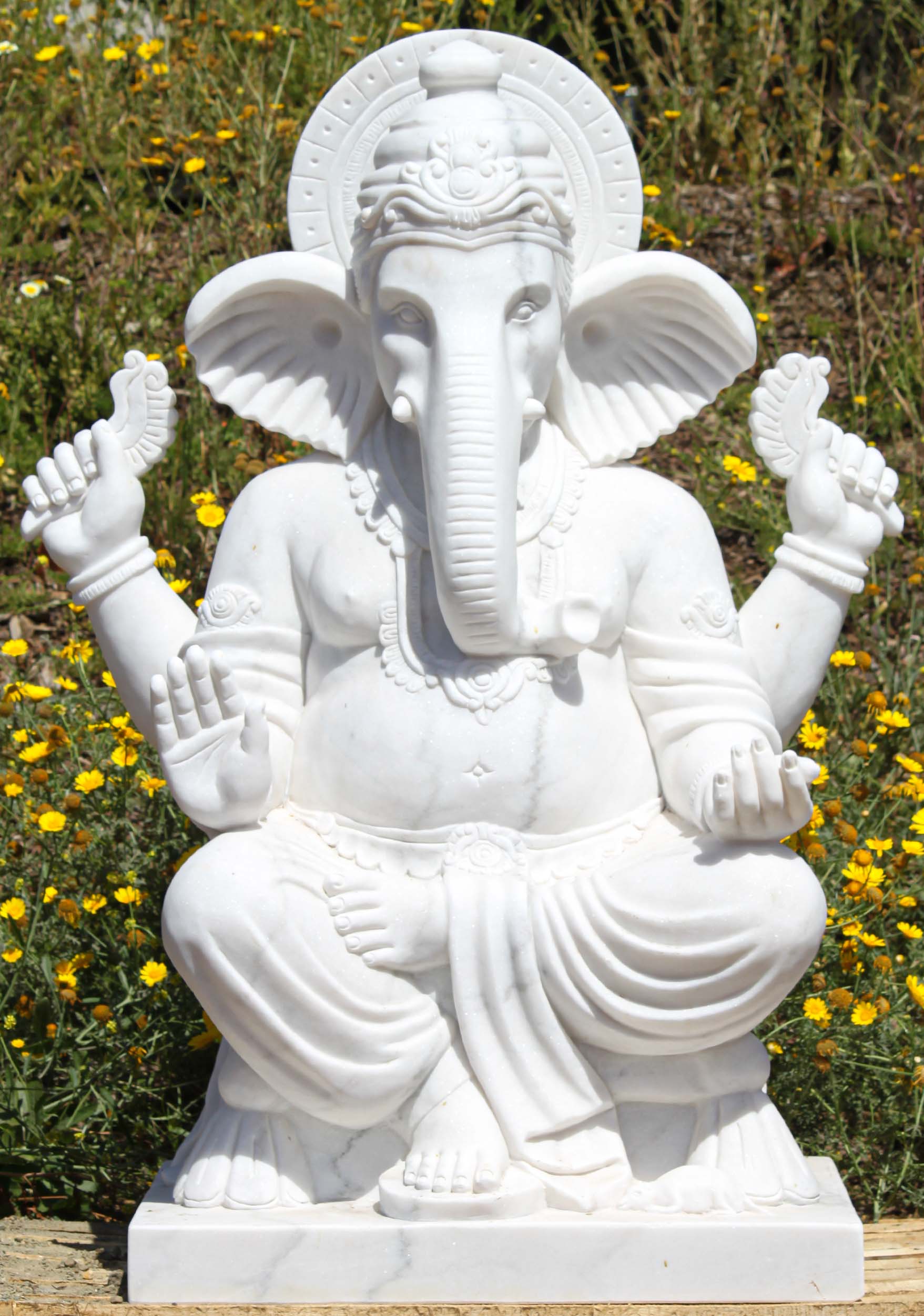 White Marble Carved Seated Ganesh Sculpture in Abhaya Mudra of Protection 54"