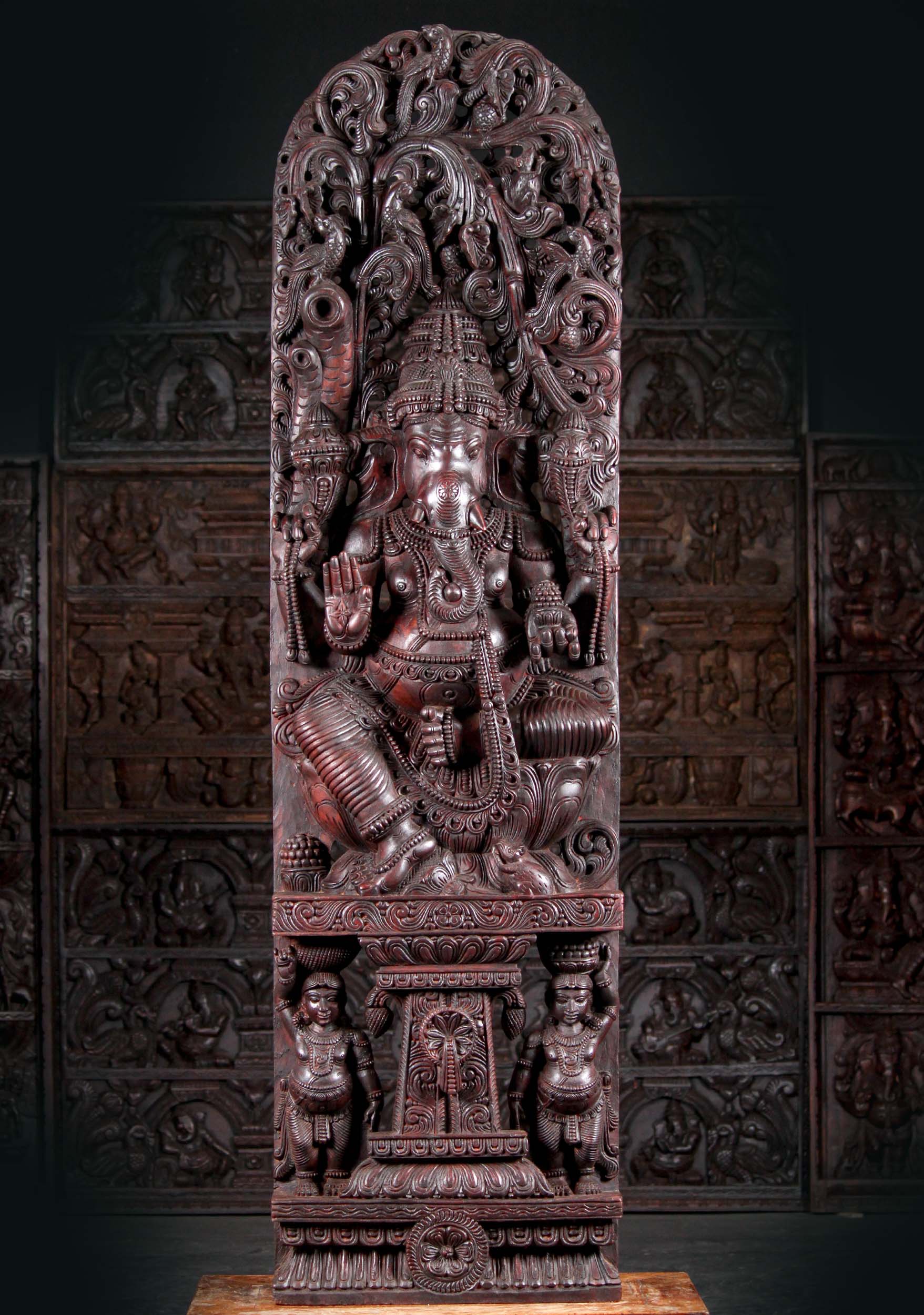 Hand Carved Wooden Abhaya Ganesha Remover of Obstacles Seated Beneath Lush Canopy Sculpture 72"