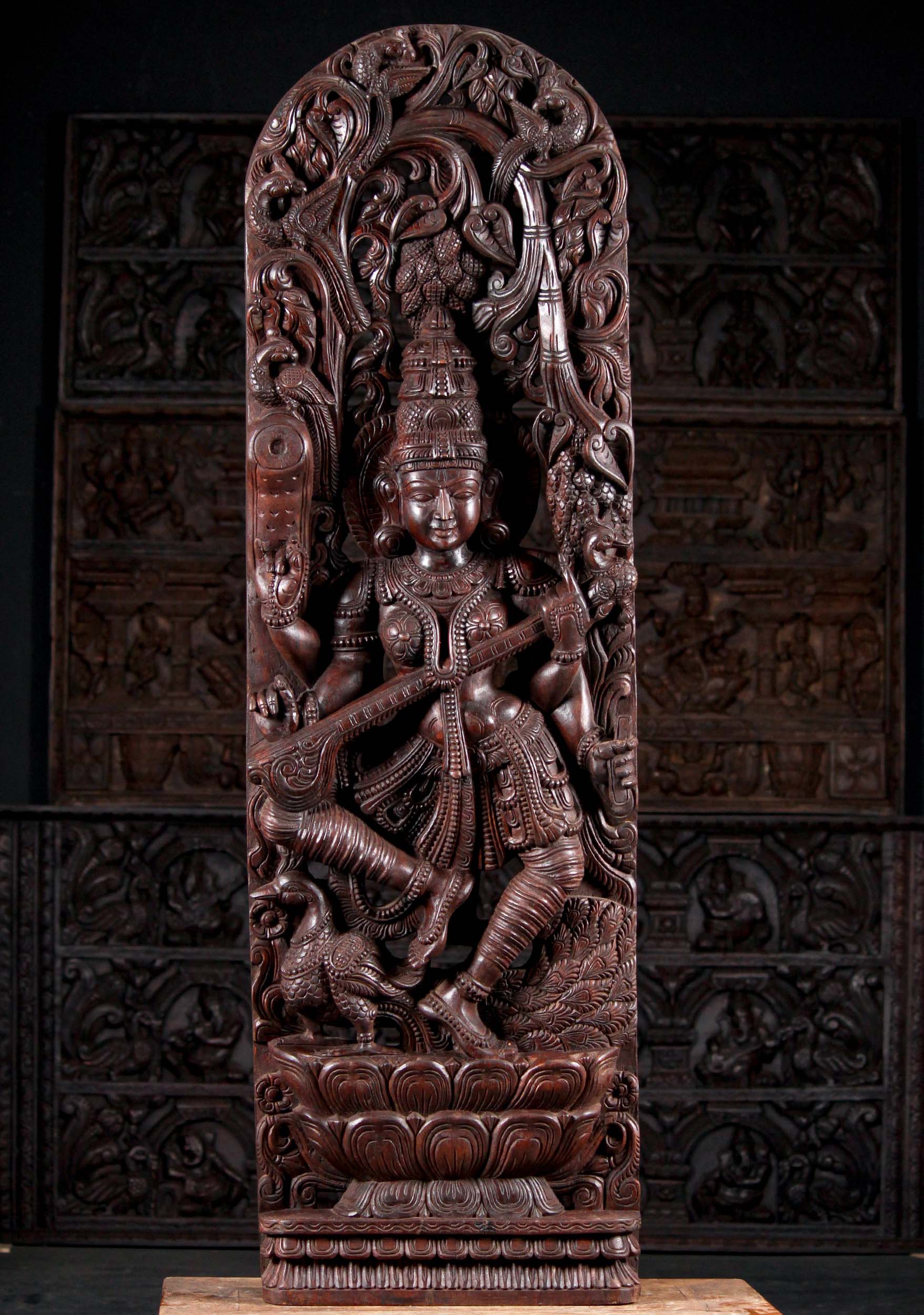 Large Wood Hindu Goddess of Wisdom Saraswati Playing Veena on Double Lotus Base 60"