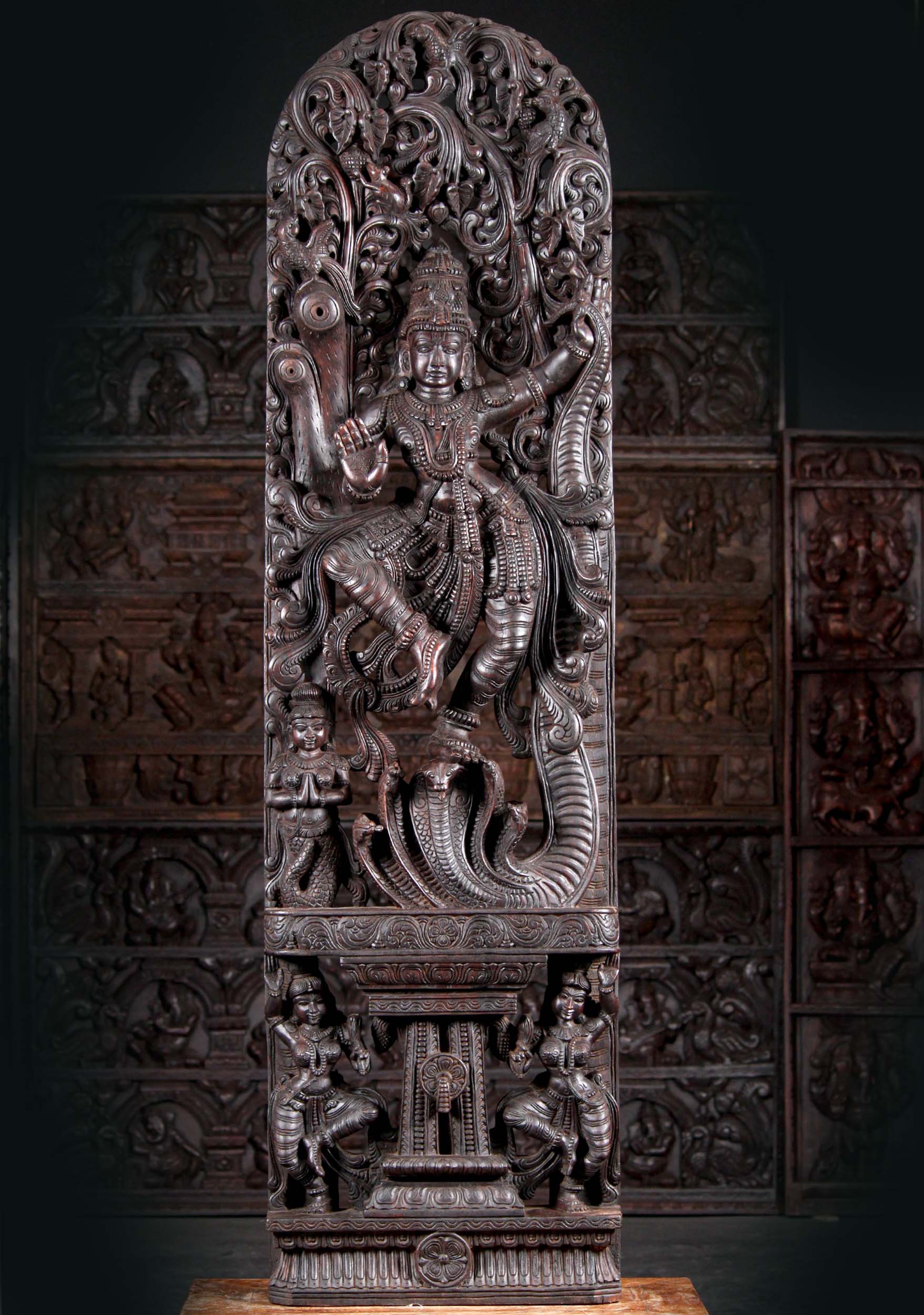 Tall Wood Lord Krishna Statue Dancing on 5 Heads of Serpent Kaliya Hand Carved in India 72"