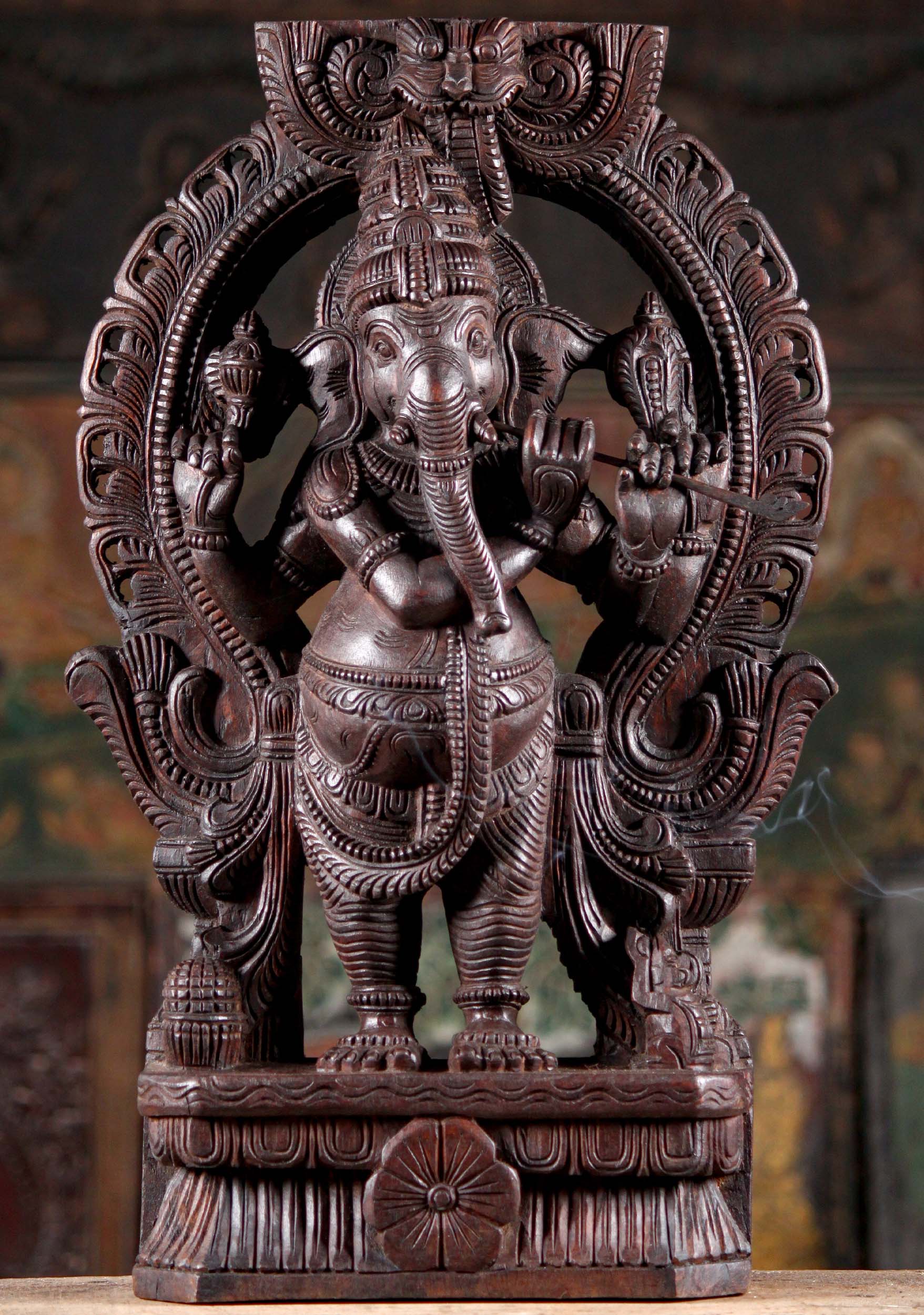 Wood Hindu God Ganesha Standing under Mahakala Arch Playing the Flute Sculpture 24"