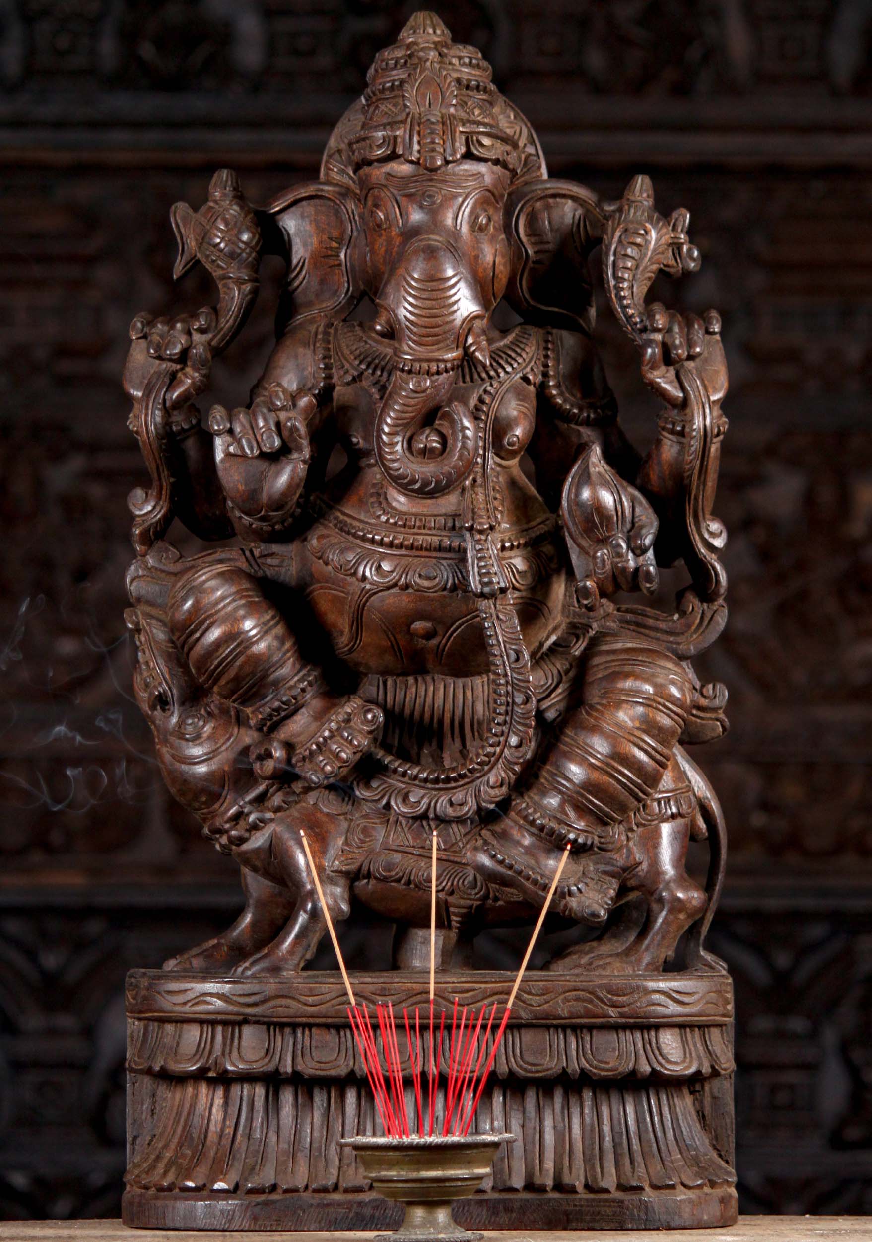 Neem Wood Hindu God Ganesh Seated on Large Rat Mooshika Sculpture with Mango and Tusk 30"