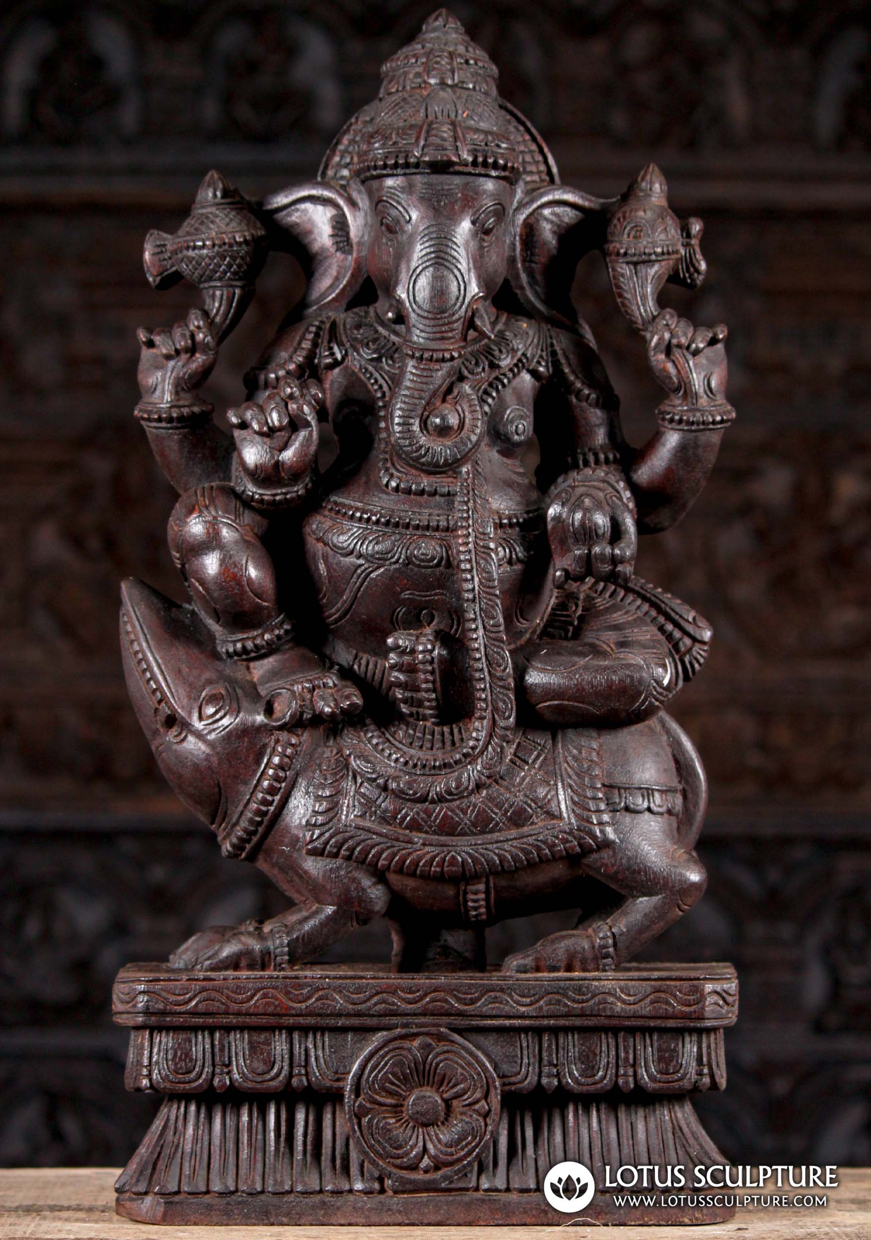 Hand Carved Neem Wood Ganesha Seated on Mooshika Rat Sculpture 24"