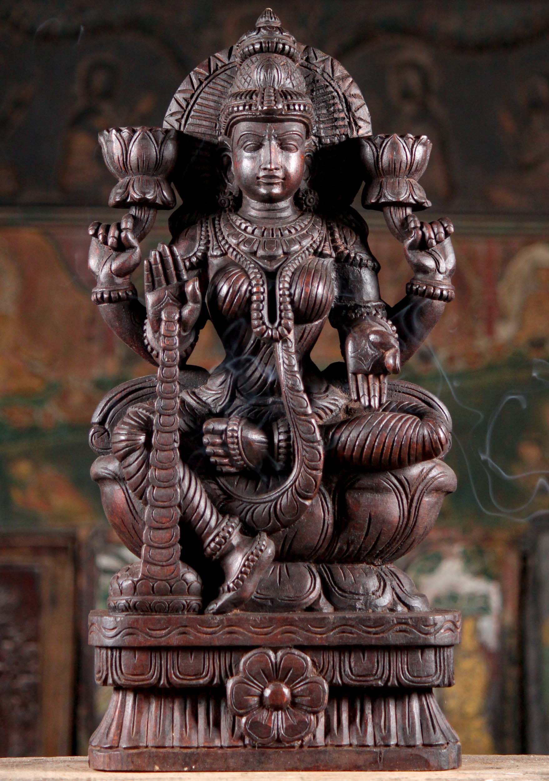 Wooden Seated Lakshmi Sculpture with Two Lotus Flowers Granting Boons with Coins 24"