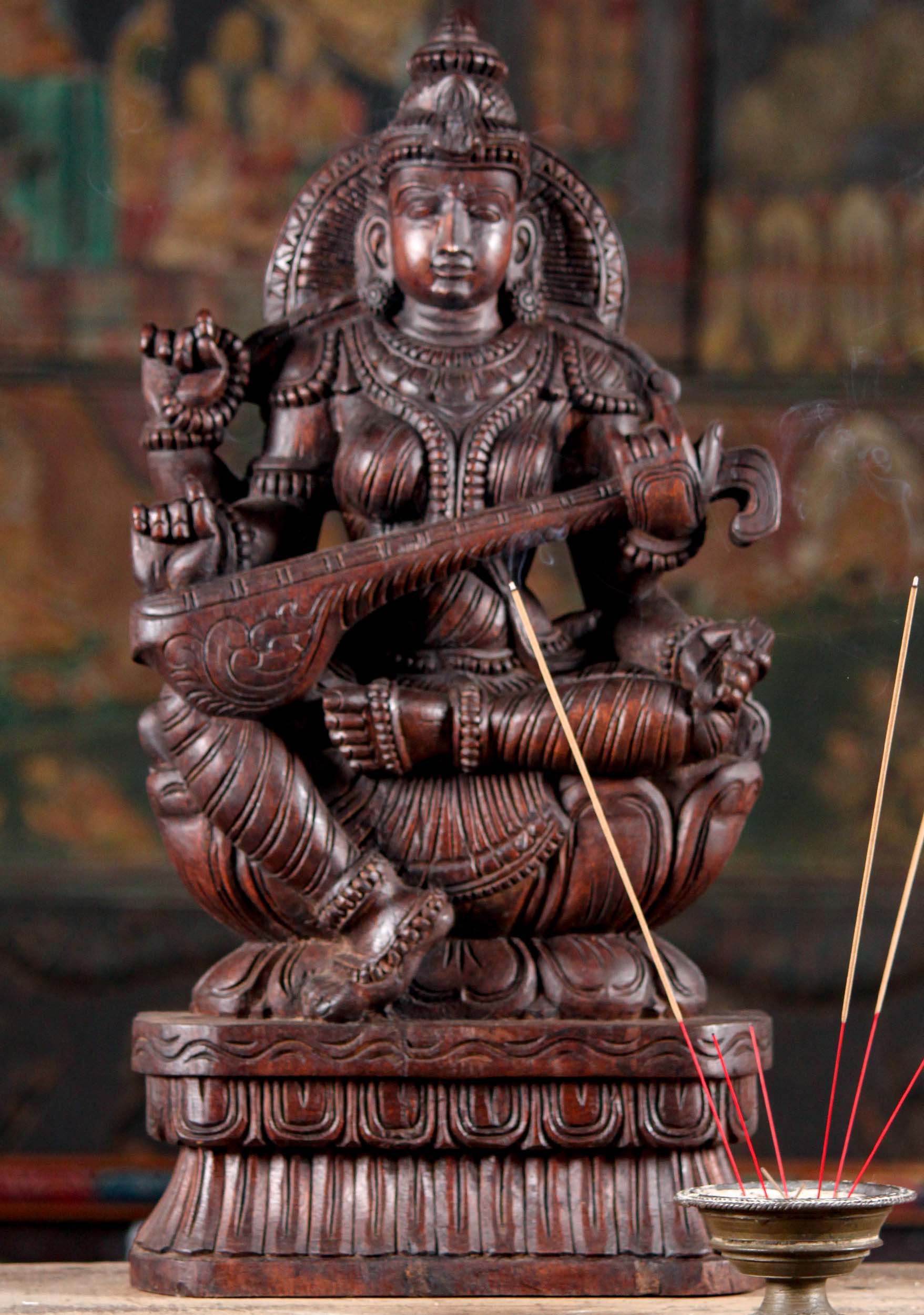 Wood Saraswati Sculpture with Four Arms on a Lotus Base Playing the Veena Statue 24"