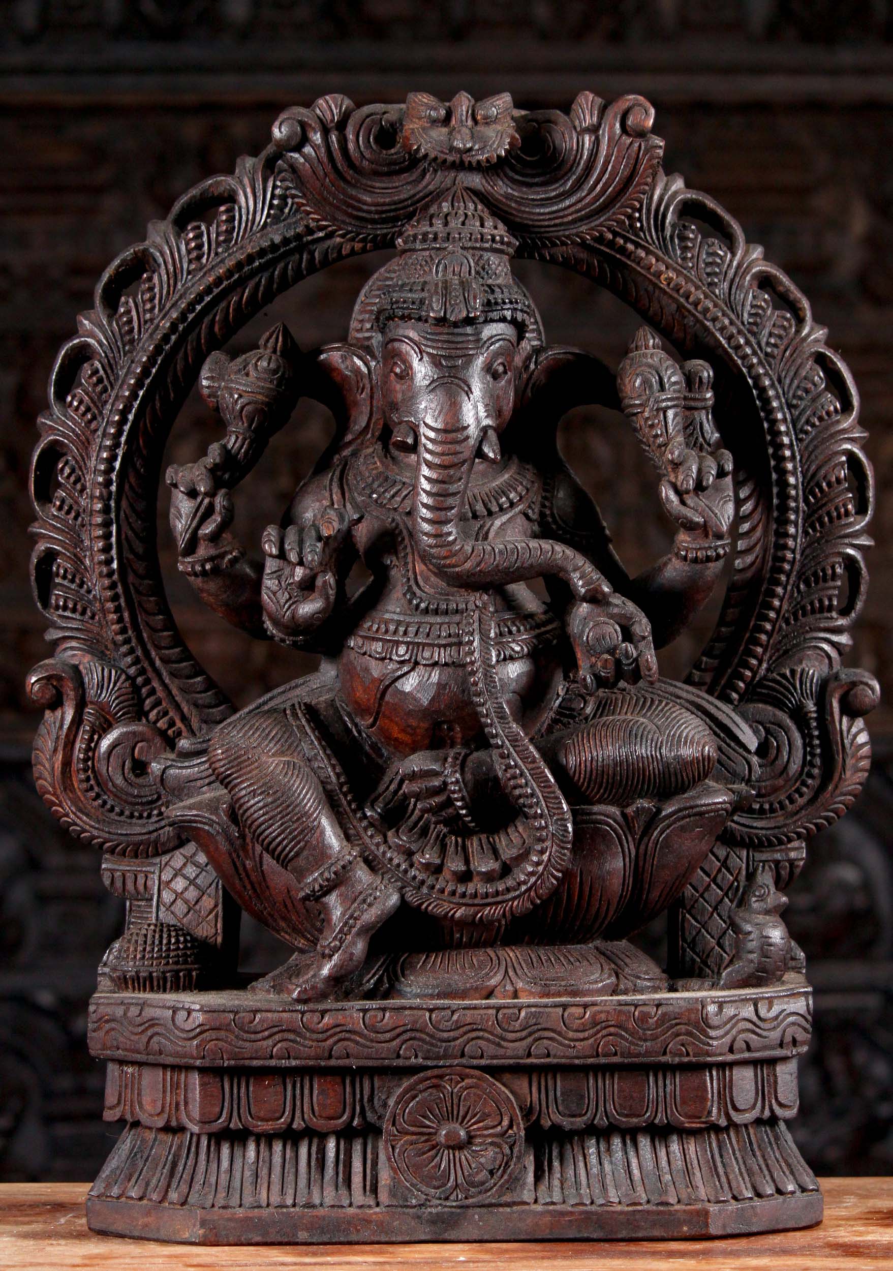 Wooden Ganesha Seated Under Mahakala Arch Hand Carved Neem Wood Statue 24"