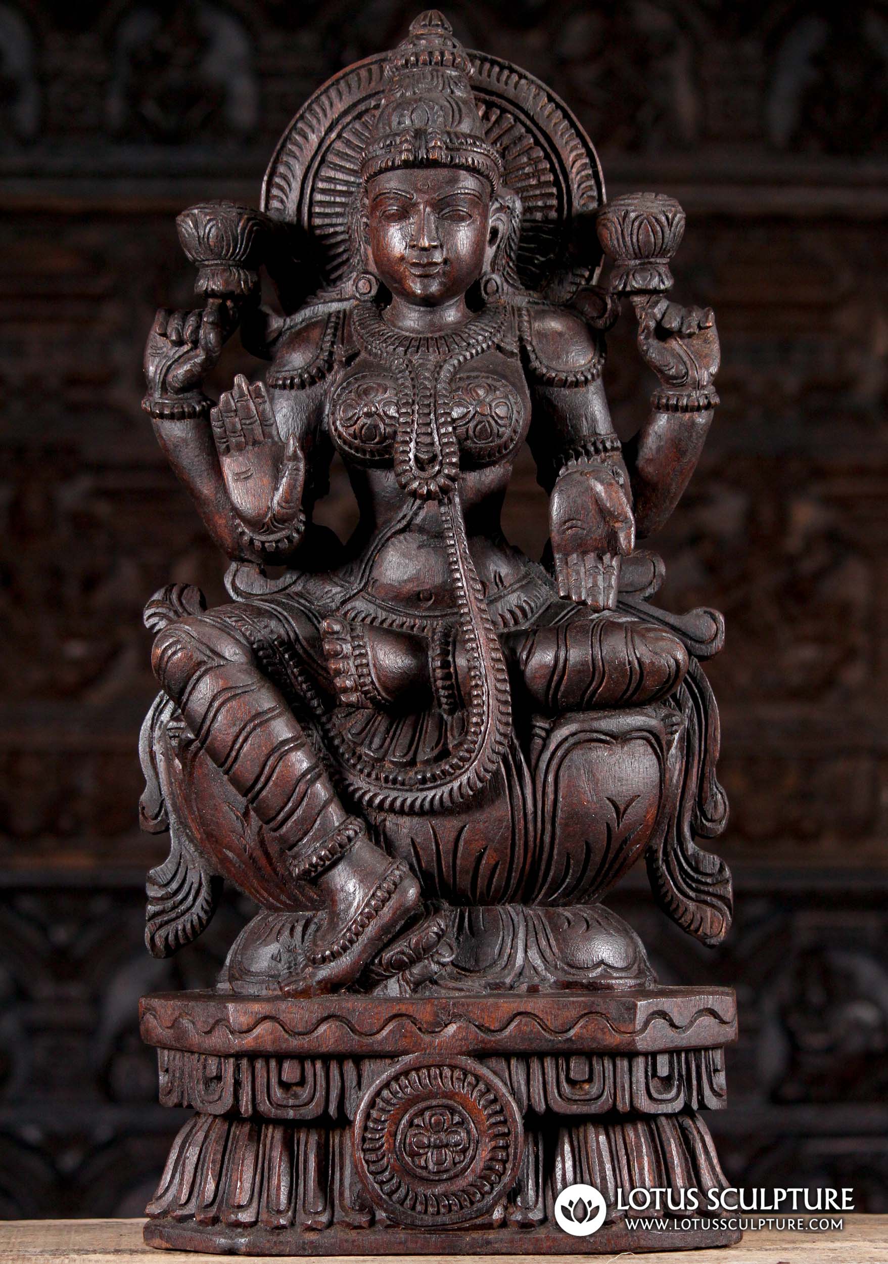 Hindu Goddess Lakshmi Sculpture Seated Holding Two Lotus Flowers in Abhaya Mudra 24"