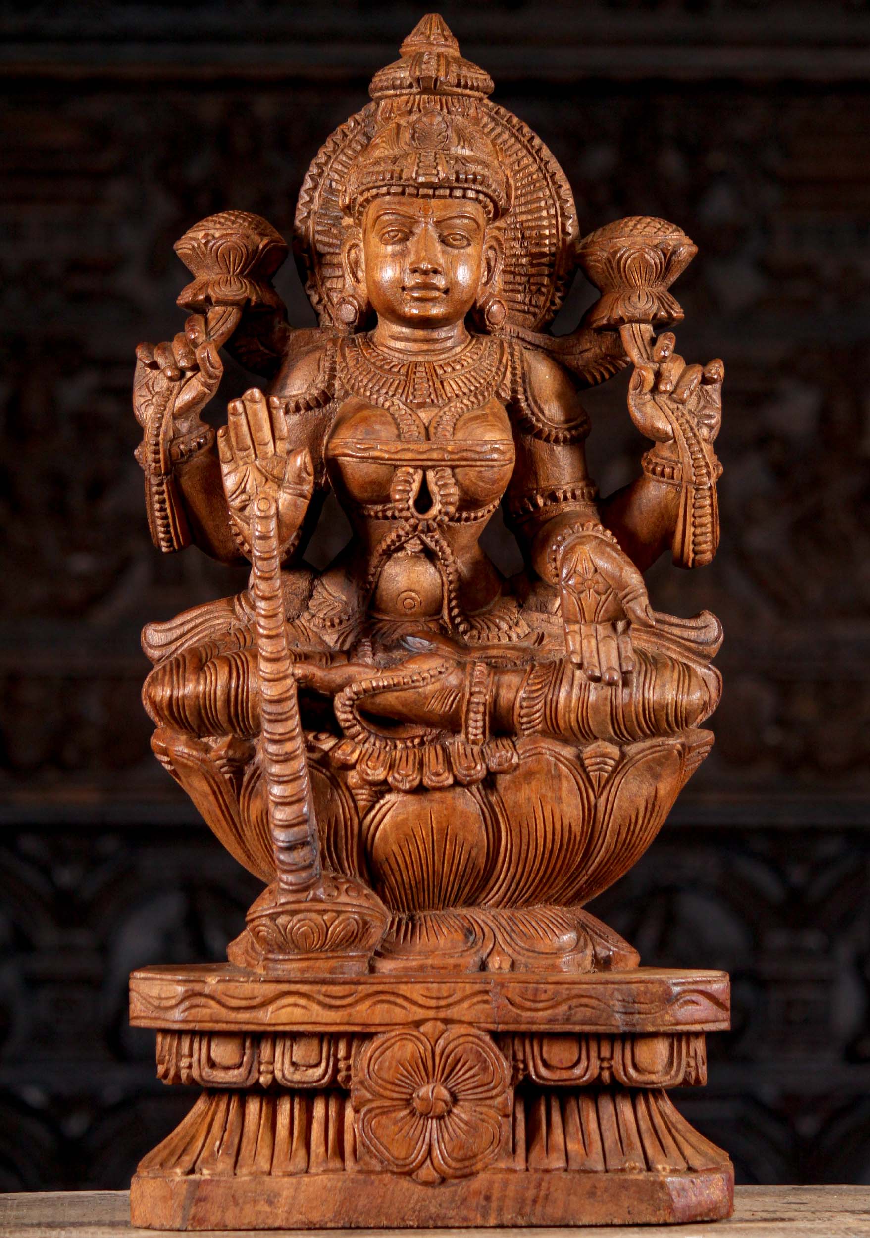 Wood Lakshmi Sculpture Seated with Two Lotus Flowers Granting Boons with Coins 24"