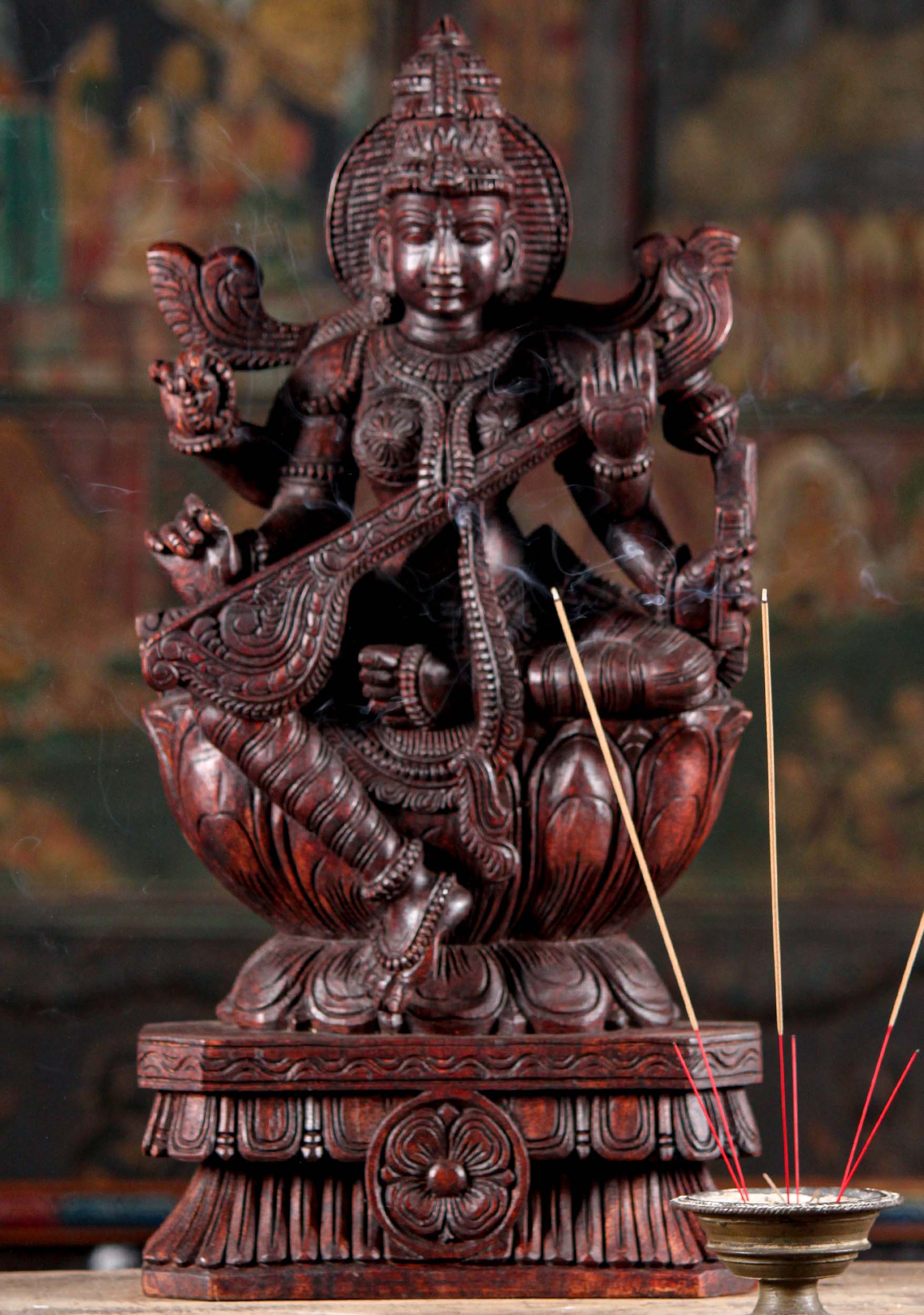 Wood Saraswati Sculpture Seated on a Lotus Base Playing the Veena Statue 24"