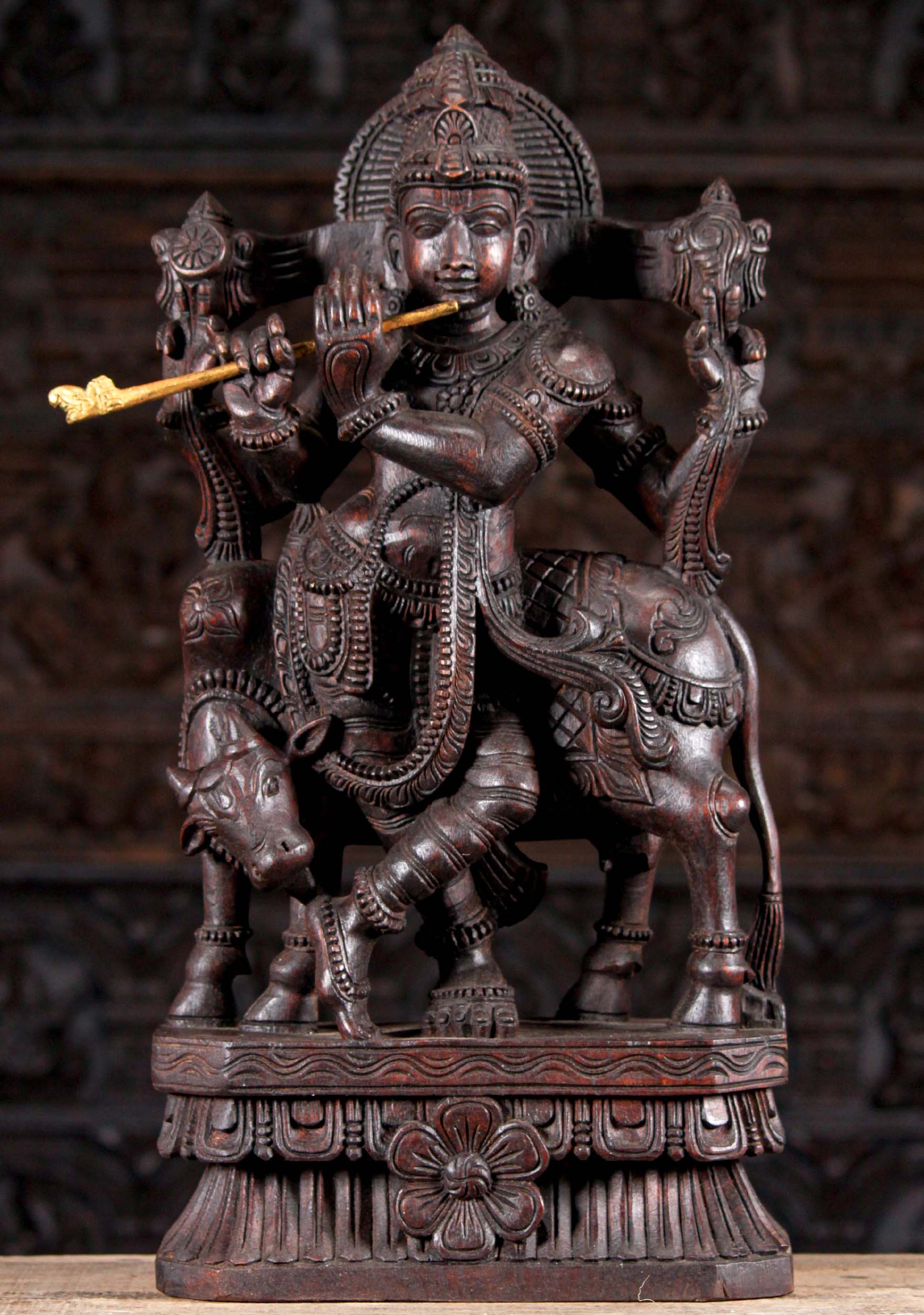 Dark Wooden Hindu God Gopal Krishna Standing with a Cow Playing the Flute Sculpture 24"