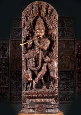 Tall Wood Carving of Gopal Krishna, 8th Avatar of Lord Vishnu