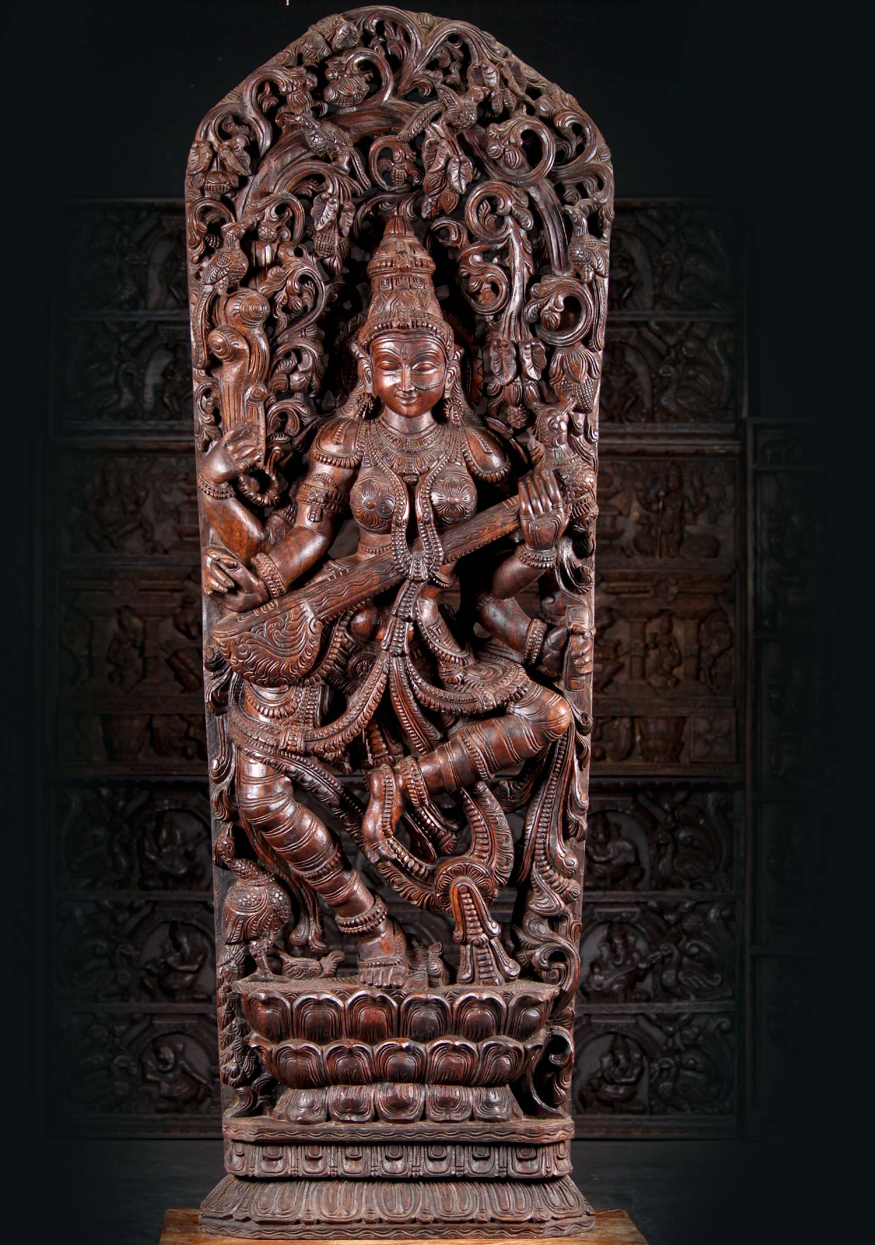 Large Wood Hindu Goddess of Wisdom Saraswati Playing Veena on Double Lotus Base under Canopy  72"