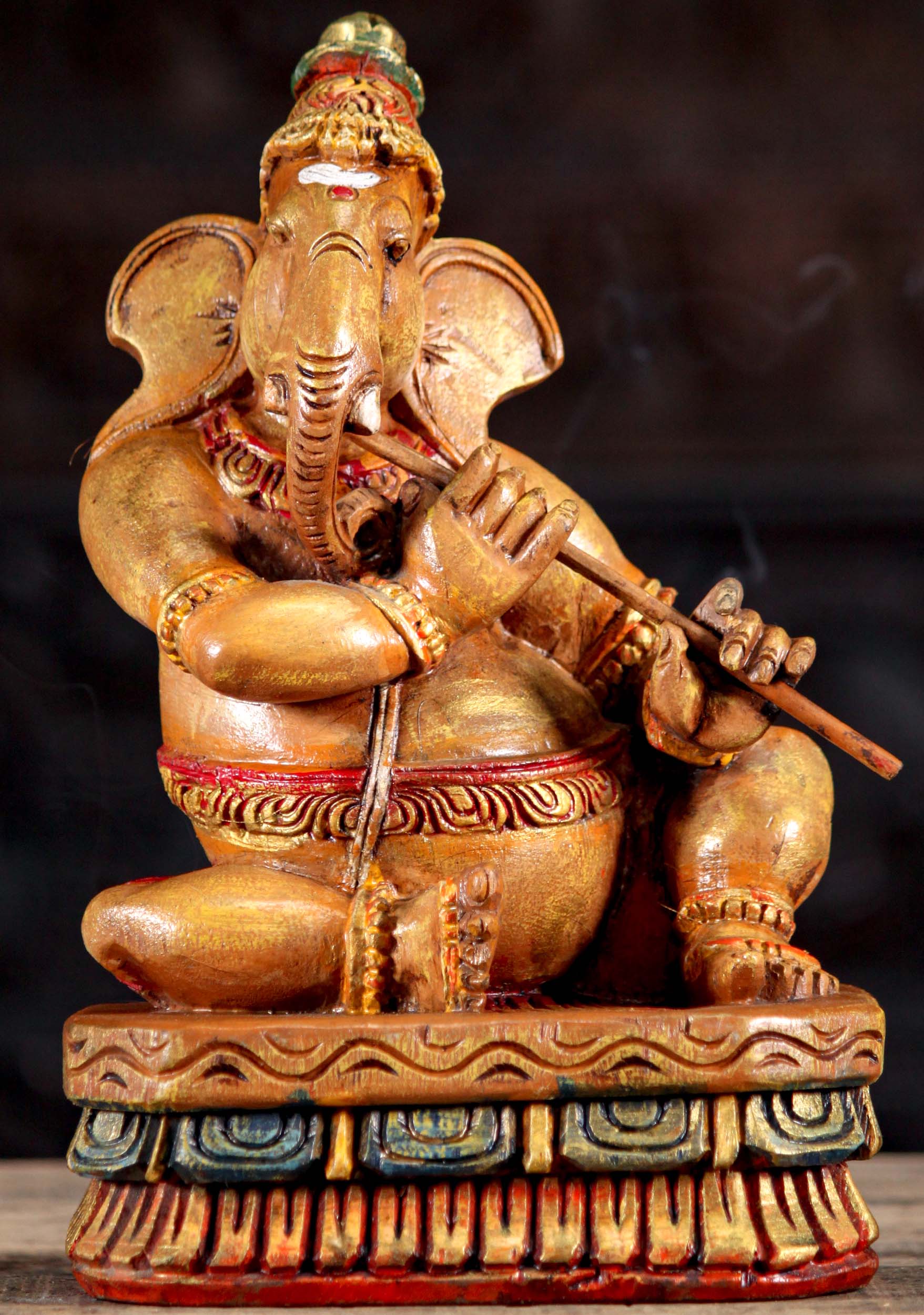 Wood Painted Sculpture of the Hindu God Ganesha Playing Musical Instruments Choose Option 12"