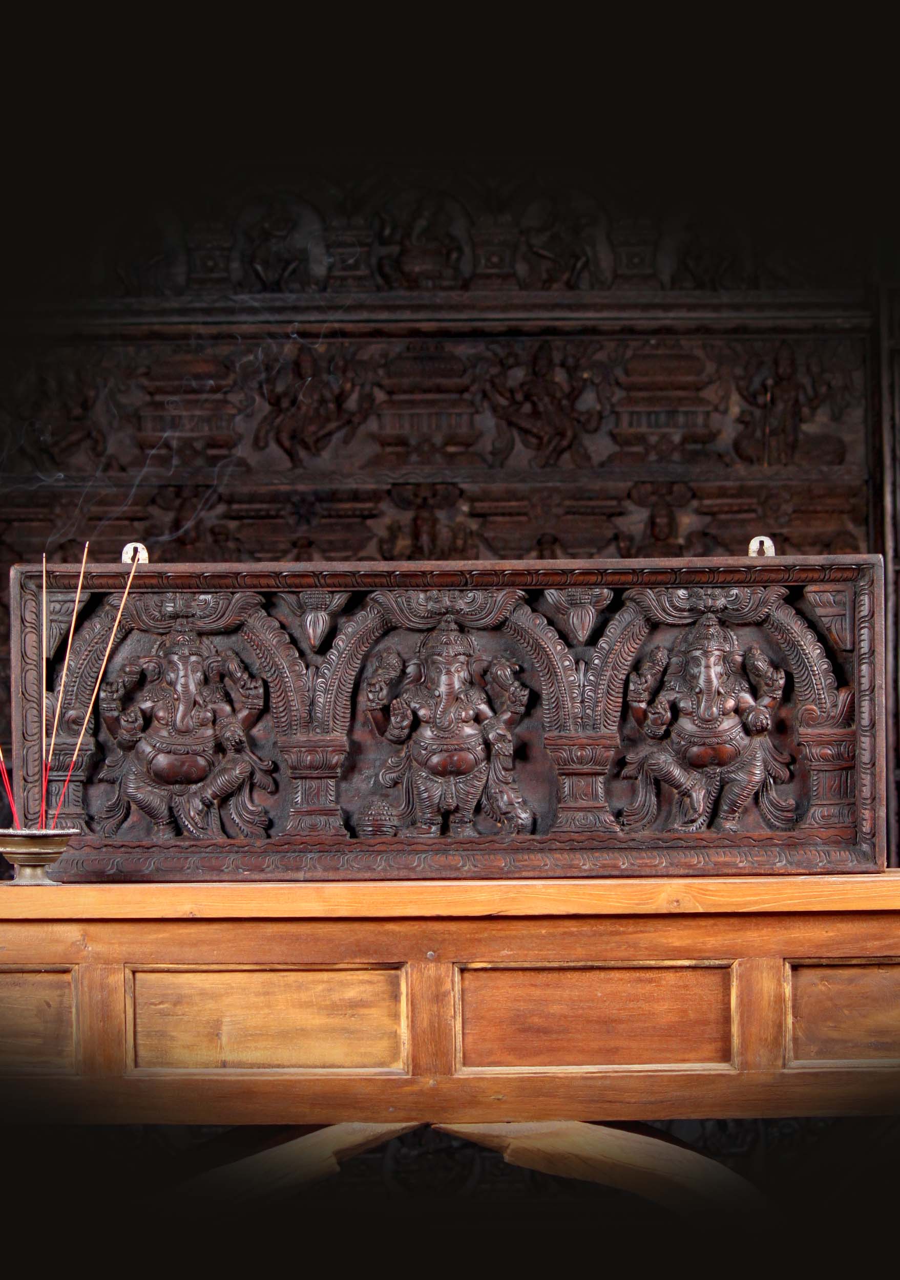 Wood Panel of Three Forms of Standing Lord Ganesha Under Mahakala Arches Sculpture 38"x14