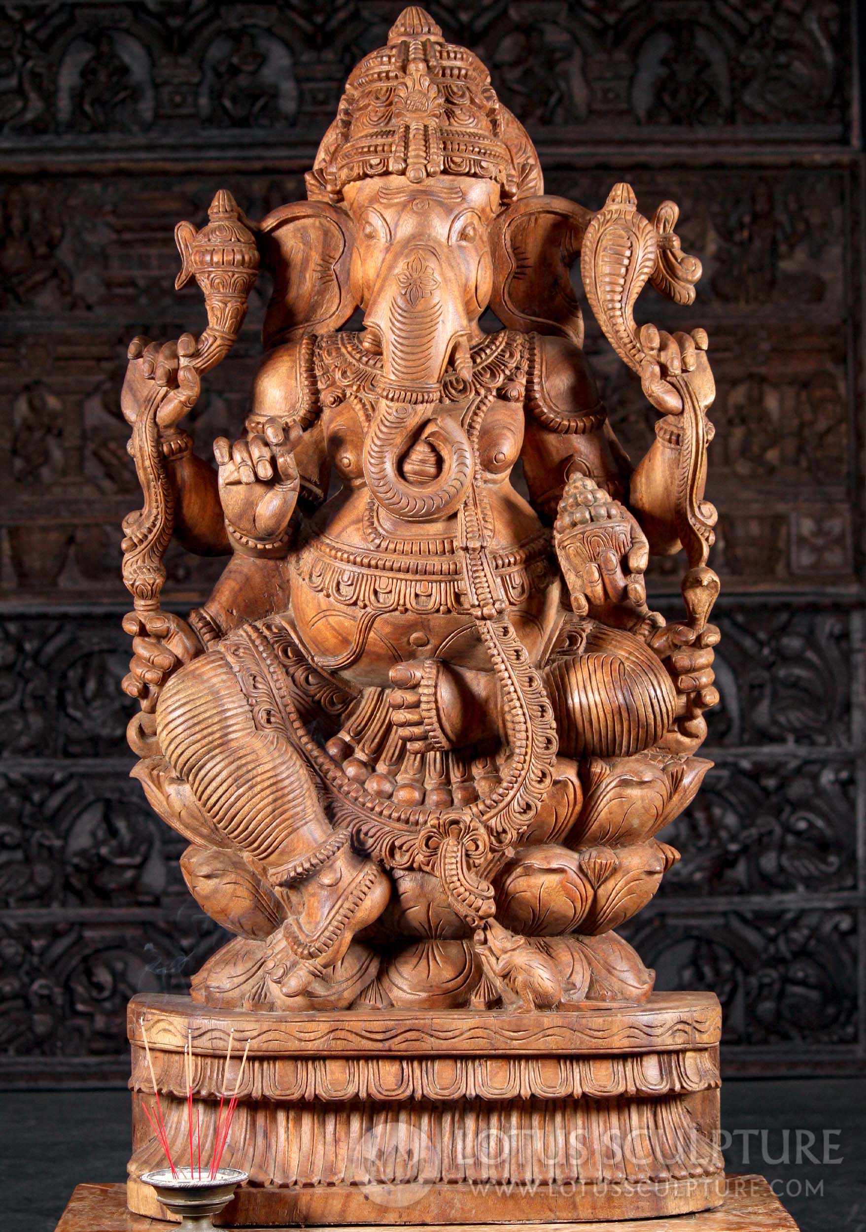 Wooden Hand Carved Hindu God Ganesh Remover of Obstacles Perfect for Home Altar 48"