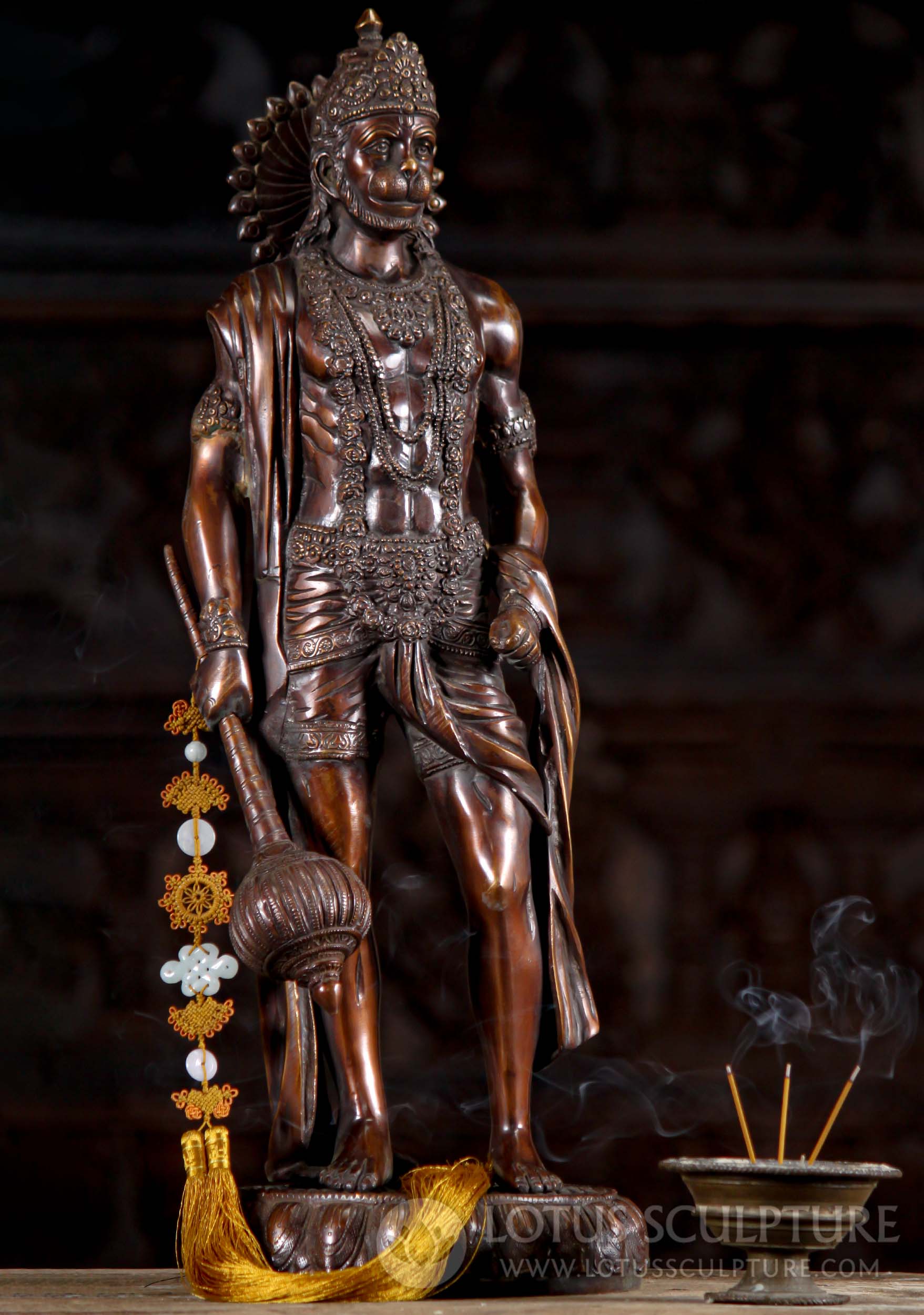 Brass Muscular Hindu God Hanuman Standing Tall in Athletic Pose Holding His Large Club 23"