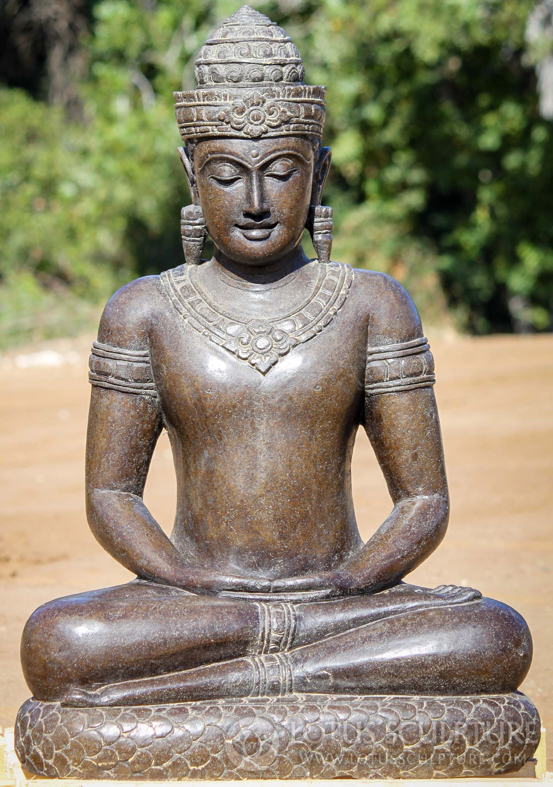 Lava Stone Meditating Khmer Buddha Statue on Serpent Garden Sculpture 33"