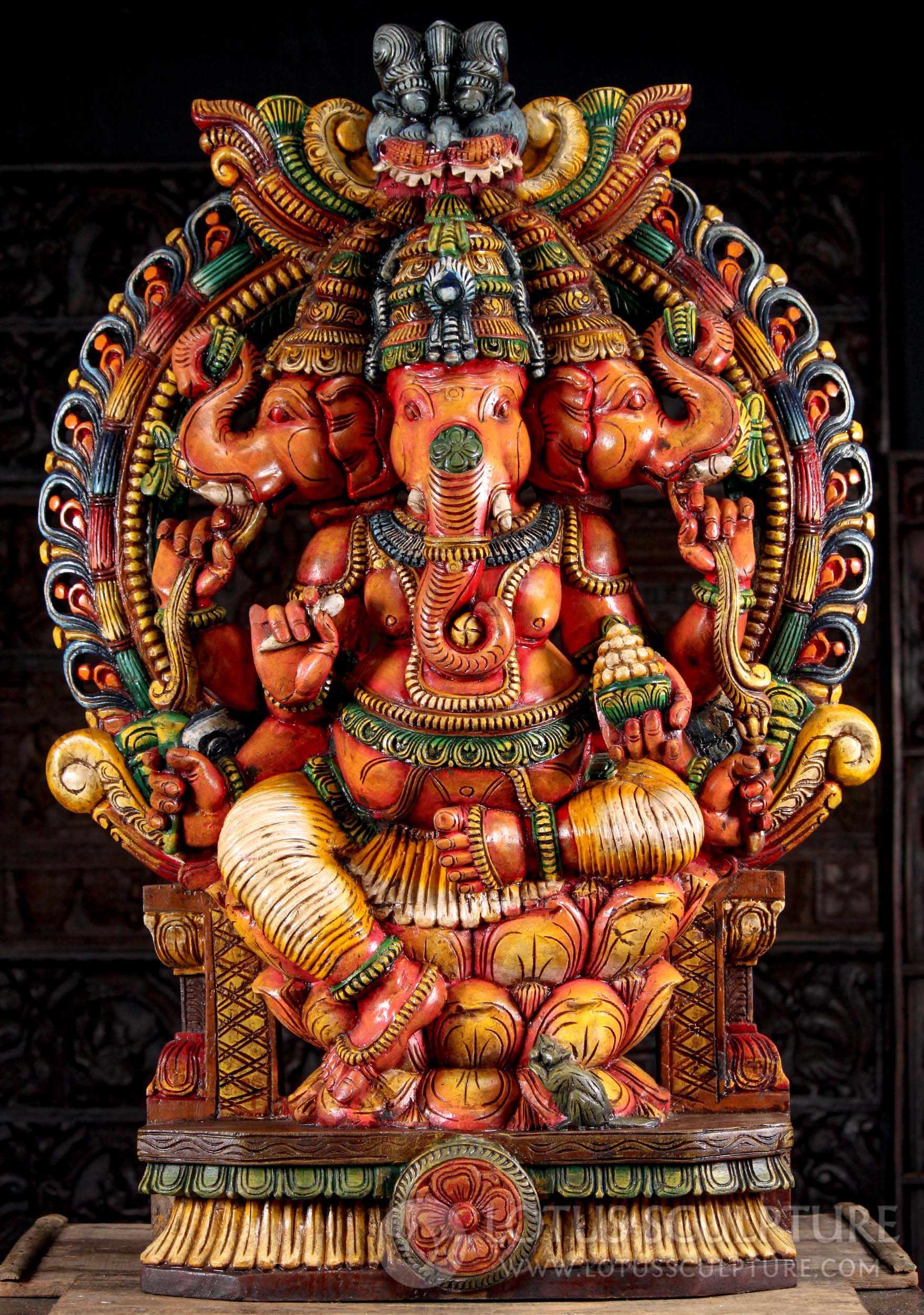 Wooden 3 Headed Tri Muhkthi Ganapathi 3 Headed Ganesha "Remover of Obstacles" 47"