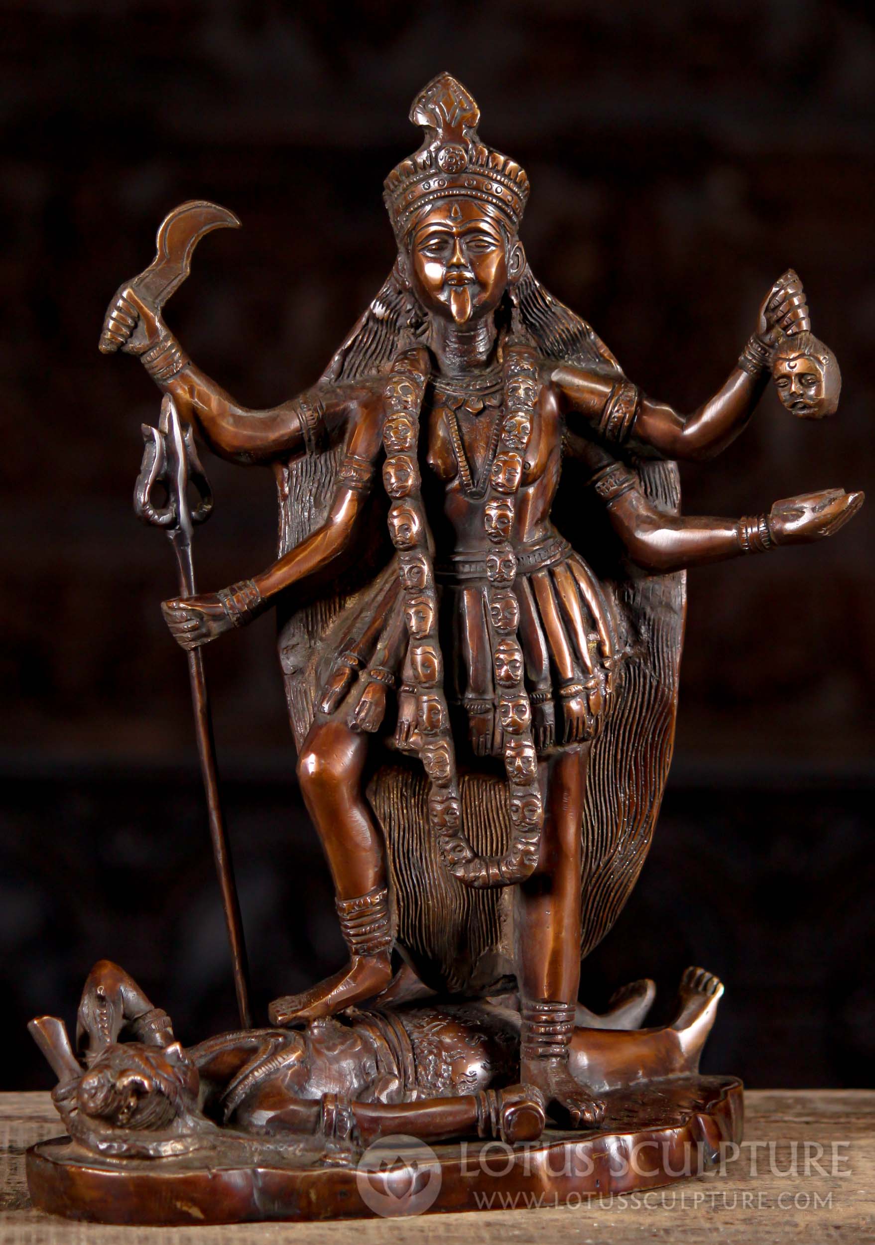 Brass Kali Statue Standing on Corpse of Shiva Holding Trident Wearing Necklace of Skulls 14"