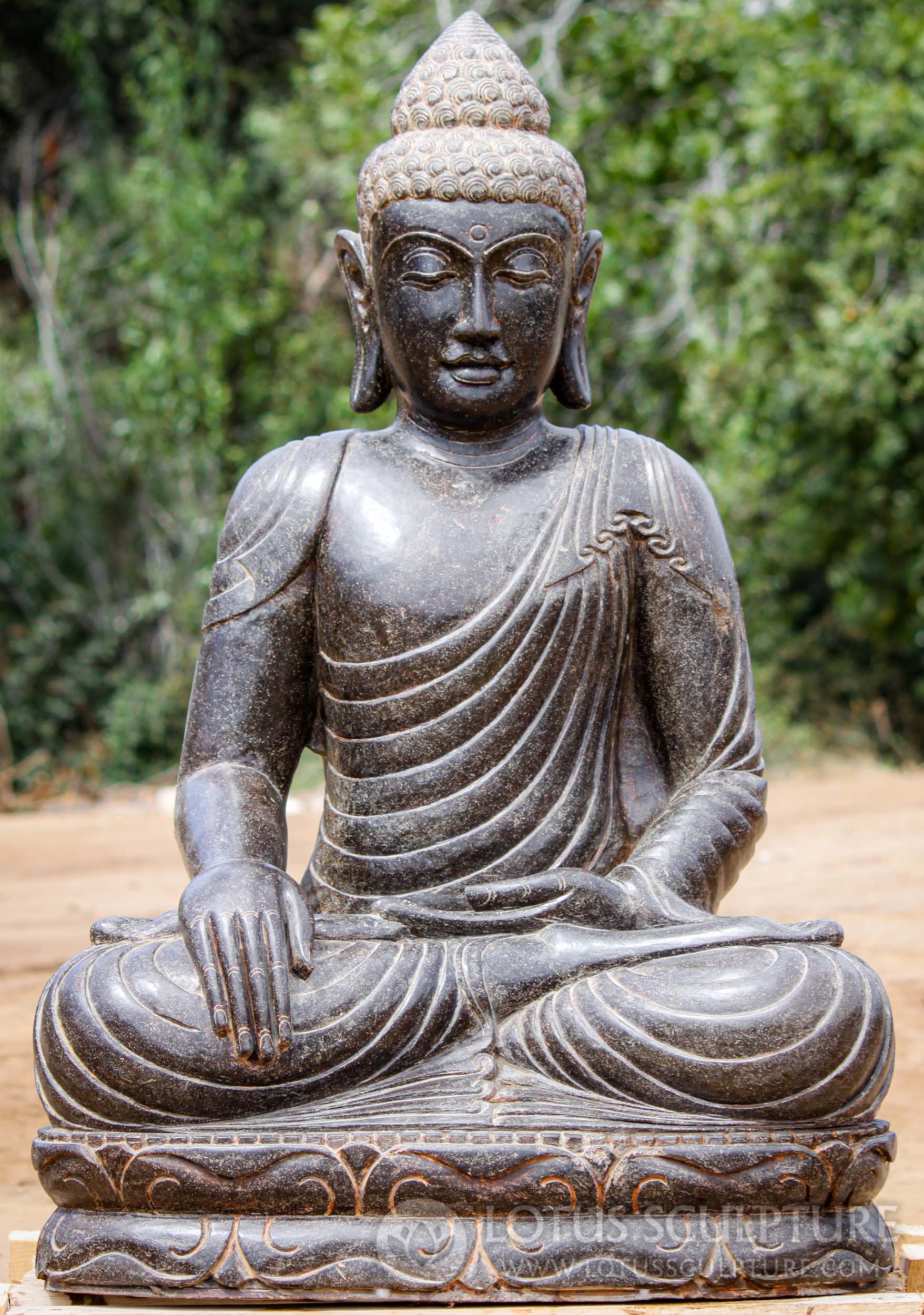 SOLD Hand Carved Lava Stone Buddha Sculpture Seated in Earth Touching ...