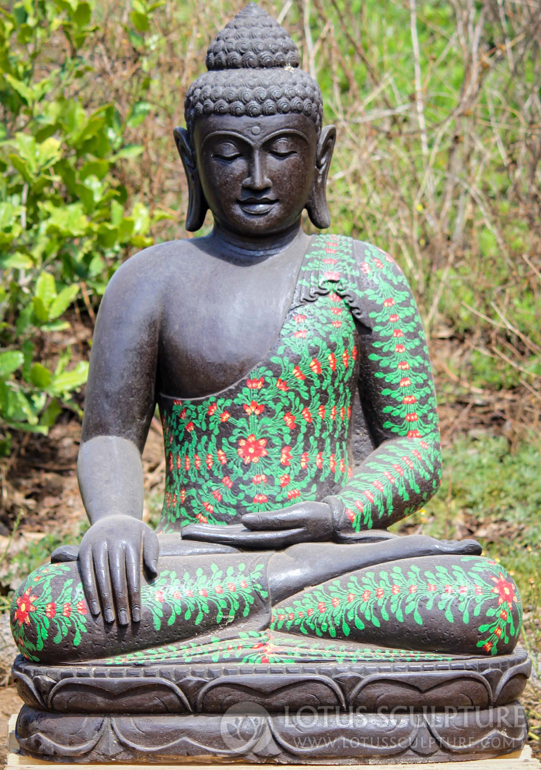 Hand Carved and Painted Lava Stone Earth Touching Buddha in Floral Robes Sculpture 40"